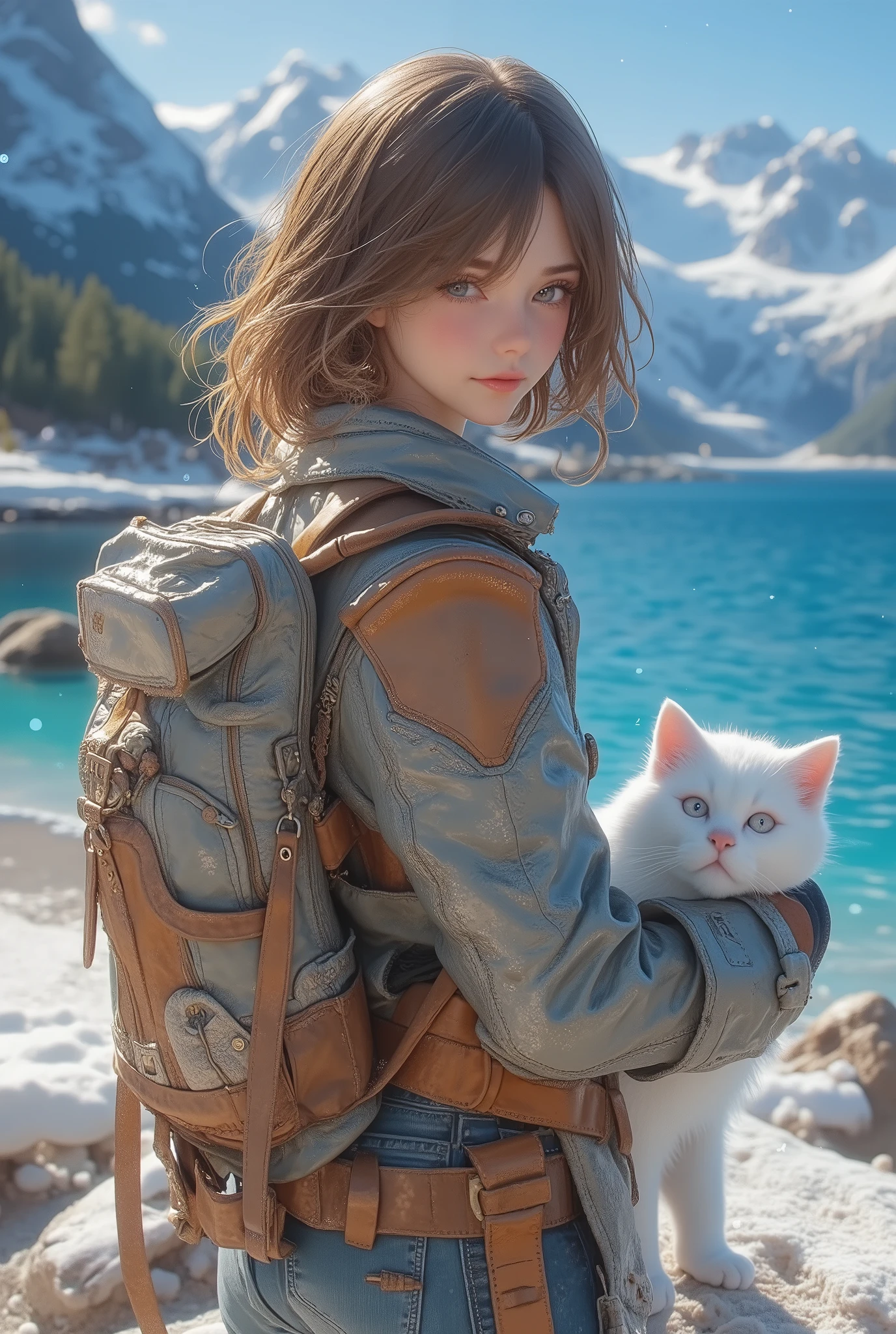 best quality 、 Top Masterpieces、 Award-winning work 、8k, , Traveling Girl , (白い猫と一緒に Traveling Girl :1.5), One person travel, , blue sky, , Switzerland, (Lake Leman, :1.4)