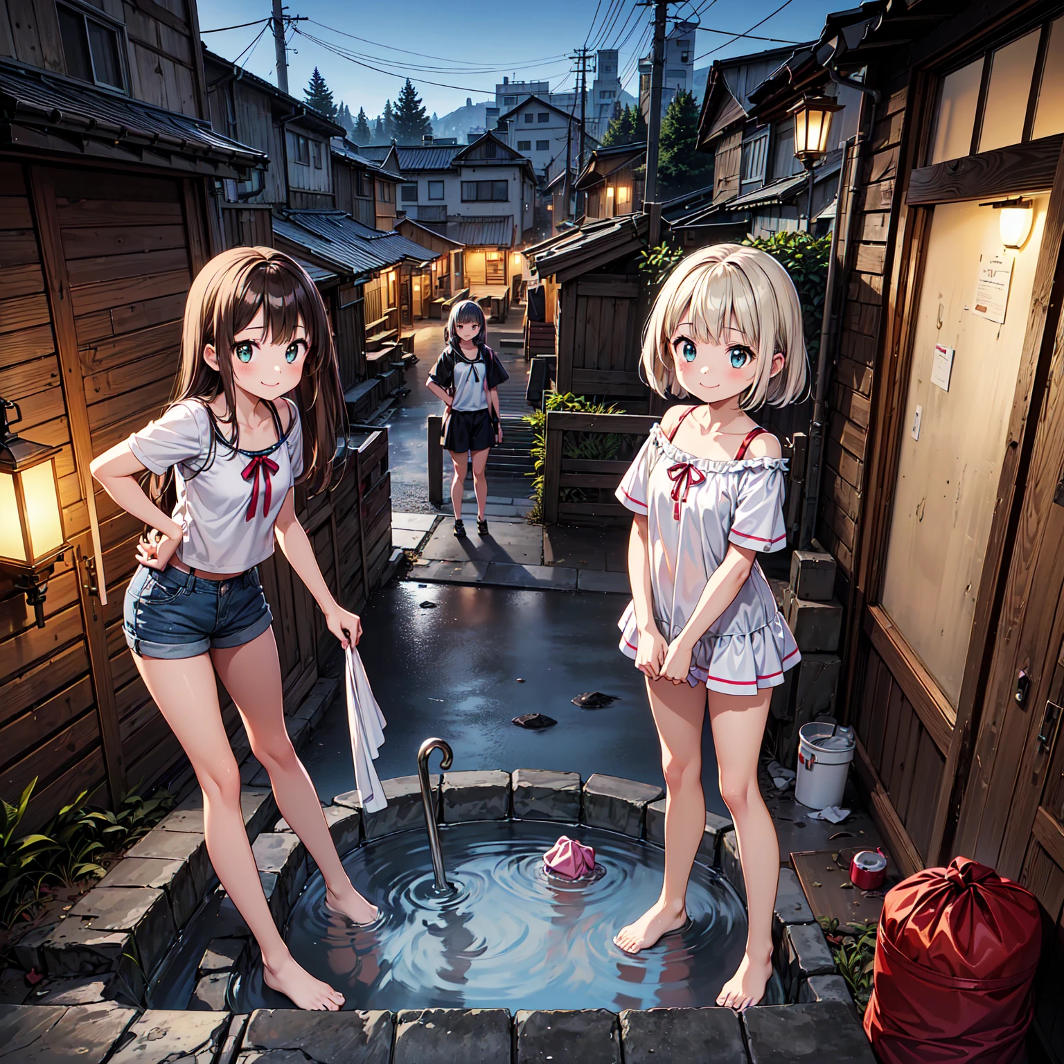 (masterpiece、Highest quality)、(日本のUnsanitary and dim地下街、Night view、Poor Street、middle School girls3People and above、Half-、Street lamp、地下へのstage)、(美しいNight view)、(Showa style、Japan favelas、Old and dirty hot spring town)、(Underground hot spring facilities、stage)、(middle School girls3People and above、Tank top、Panties、smile、fun)、((Unsanitary and dim))、Shady Red Light District、shaved ice、Candy、drink、(stage、Everyone is having fun bathing)、smile、Happy schoolchildren、Perfect Anatomy