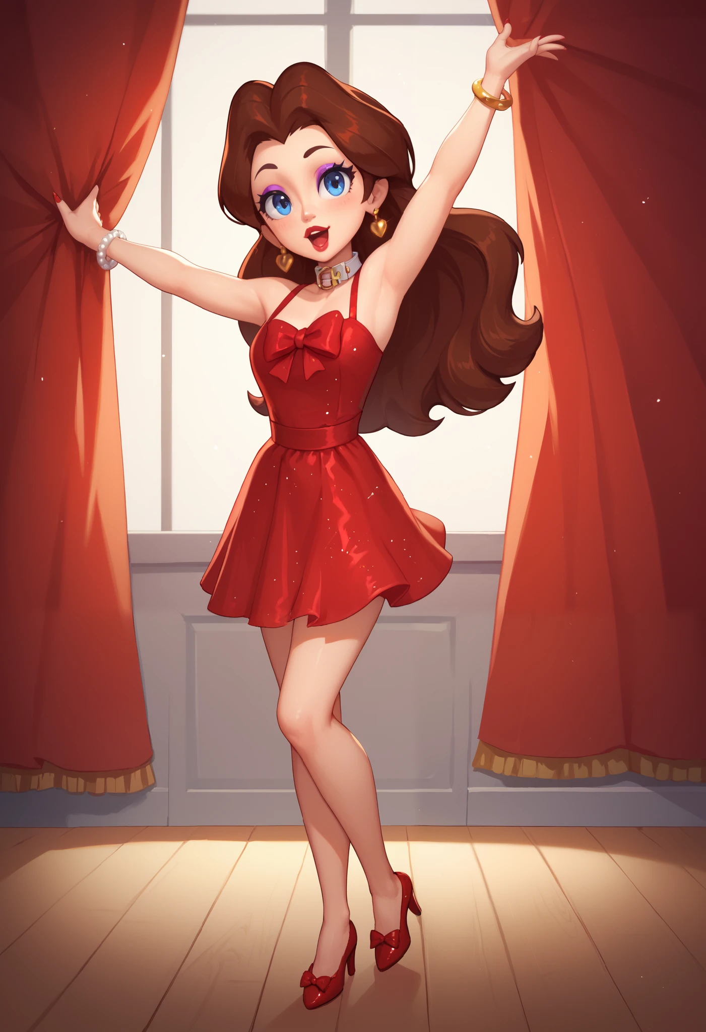 Cute Pauline wearing a sparkling shiny red tiny dress,, black Mary Jane strap tap shoes,, performing on stage with red curtains, black mix with brown hair, eyes are centered,, while tap dancing standing cute, , red bow with a white collar on her neck, showing off her legs crossing her legs, smooth lighting, detail