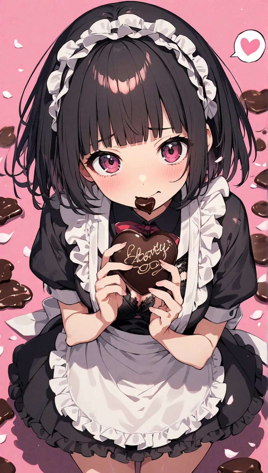 bust，Three-quarters of the side of the face，Cute baby-faced girl，Black short hair，doll hair style，Pink maid costume