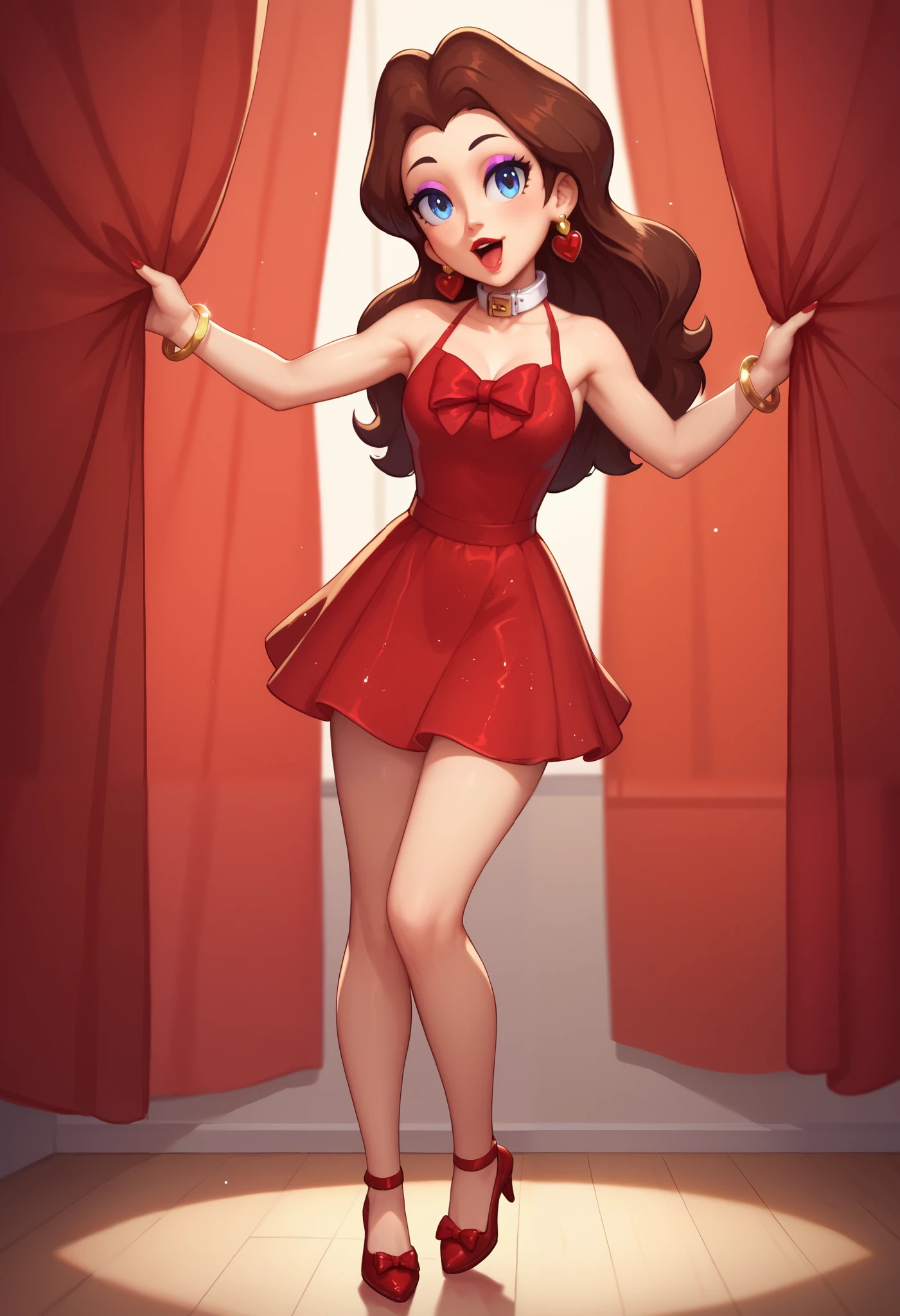 Cute Pauline wearing a sparkling shiny red tiny dress,, black Mary Jane strap tap shoes,, performing on stage with red curtains, black mix with brown hair, eyes are centered,, while tap dancing standing cute, , red bow with a white collar on her neck, showing off her legs crossing her legs, smooth lighting, detail, cartoon style