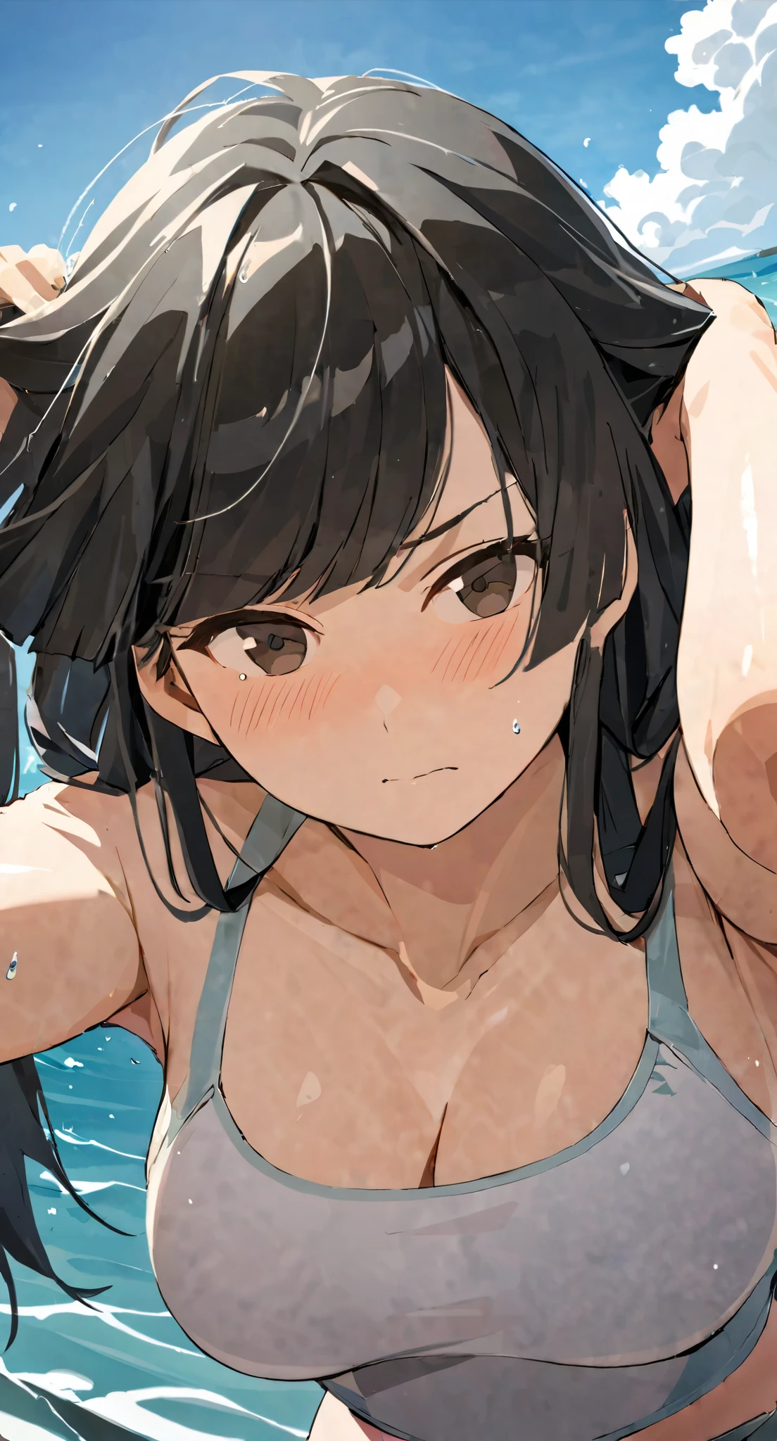 masterpiece,best quality, solo, eda, bangs, black hair, upper body,blue sky,cloud, shy expression, medium breast, hot, thicc, swimsuit , ocean, water, she is tying her hair, she is shy, embarrassed , she is embarrassed, dynamic pose, close shot, upper body, chubby, dynamic pose, trying hard, serious face, her chest is getting bigger, front view, pov, she is putting her arms around me