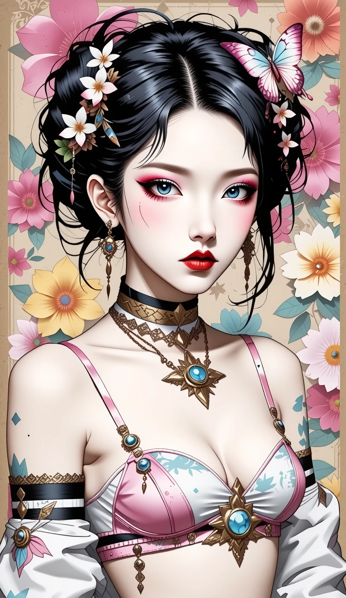 A mesmerizing surreal illustration of Shinobu Kouchou from Kimetsu No Yaiba. She has black hair, purple eyes, a butterfly hair ornament, and wears a vibrant pastel colored bikini. The background is a vintage floral-patterned wallpaper that complements the artwork's colors. The line work is precise, with delicate shading that gives the illustration a 3D quality.