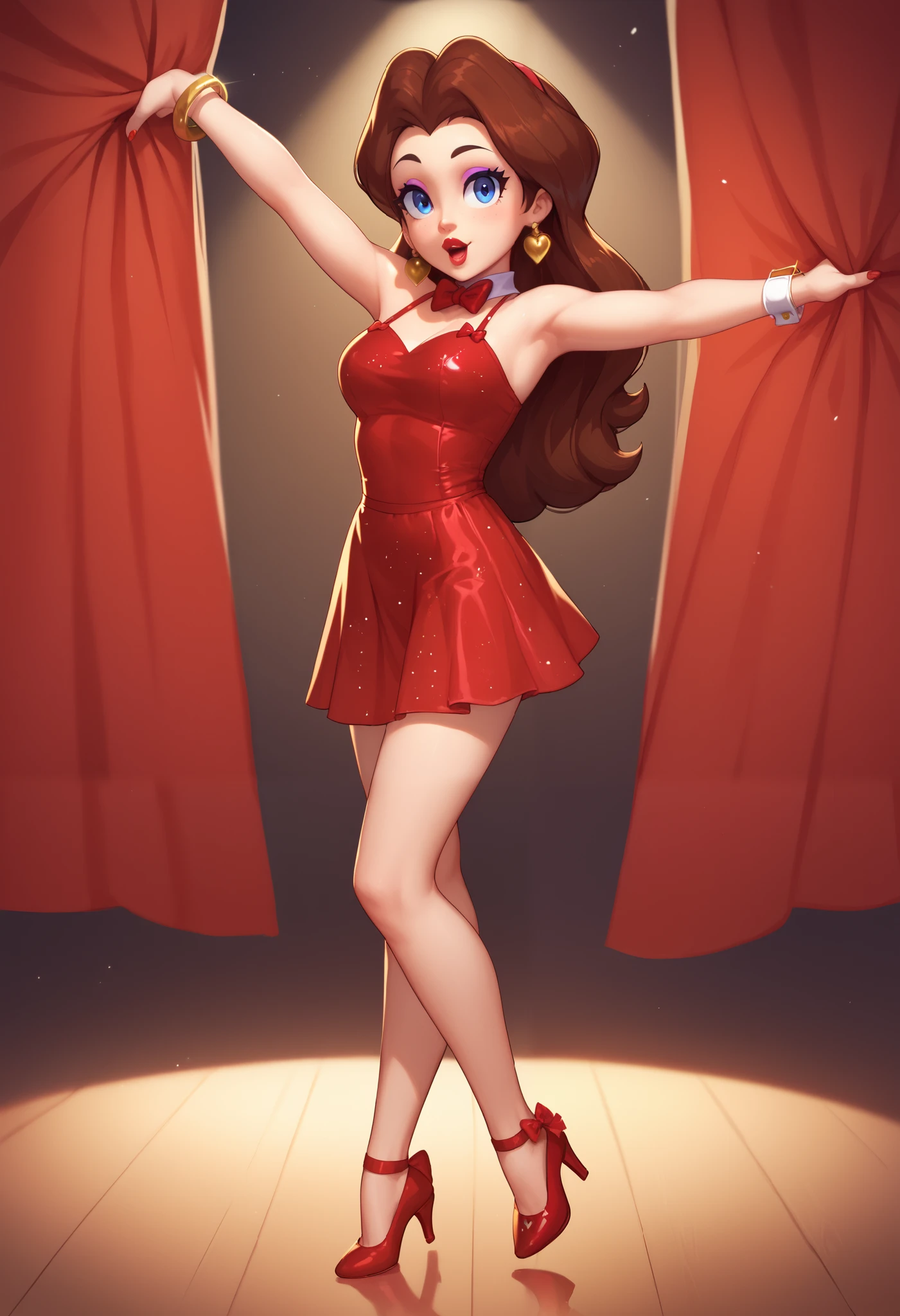 Cute Pauline wearing a sparkling shiny red tiny dress,, black Mary Jane strap tap shoes,, performing on stage with red curtains, black mix with brown hair, eyes are centered,, while tap dancing standing cute, , red bow with a white collar on her neck, showing off her legs crossing her legs, smooth lighting, detail, cartoon style