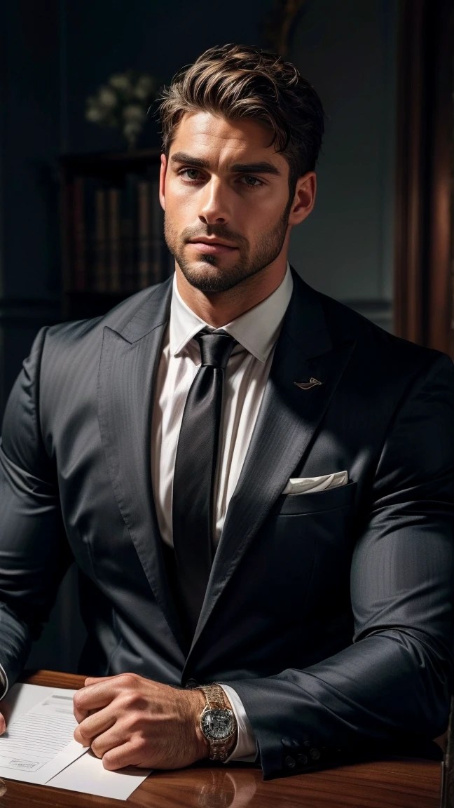 highly detailed painting , retrato, , pastoral poética. short hair , small head high , large finger beard rings , wearing a and tie, wearing a and a tie, wear a suit and tie , wearing a shirt with tie , Wearing a business suit, wearing a de negocios, wearing a gris y negro, vistiendo un elegante traje de man, wearing a, dressed in a strict business suit, (8K, masterpiece, envelopes, High resolution, super detailed)elegant!elegant background!! high definition , 8K, !muscular, chest hair , Furry chest muscles!shirtless, ironic smile , masterpiece, envelopes, High resolution, detailed background , strong body ,very,man, Robust and attractive appearance ,Muscle tissue, Excessive muscles ,chest muscles!Angry detailed background , frown , envelopes, masterpiece,(muscular ),), Germany Men's !,, side view!,handsome man (cara detallada:1.2),, ! high! (cara detallada:1.2),, ! high!