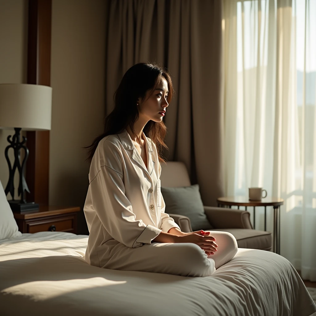 A young Japanese woman in pajamas spends her time defenseless in her room、Highly detailed 8K photos、 luxury hotel、 back view、 Look Back and Laugh