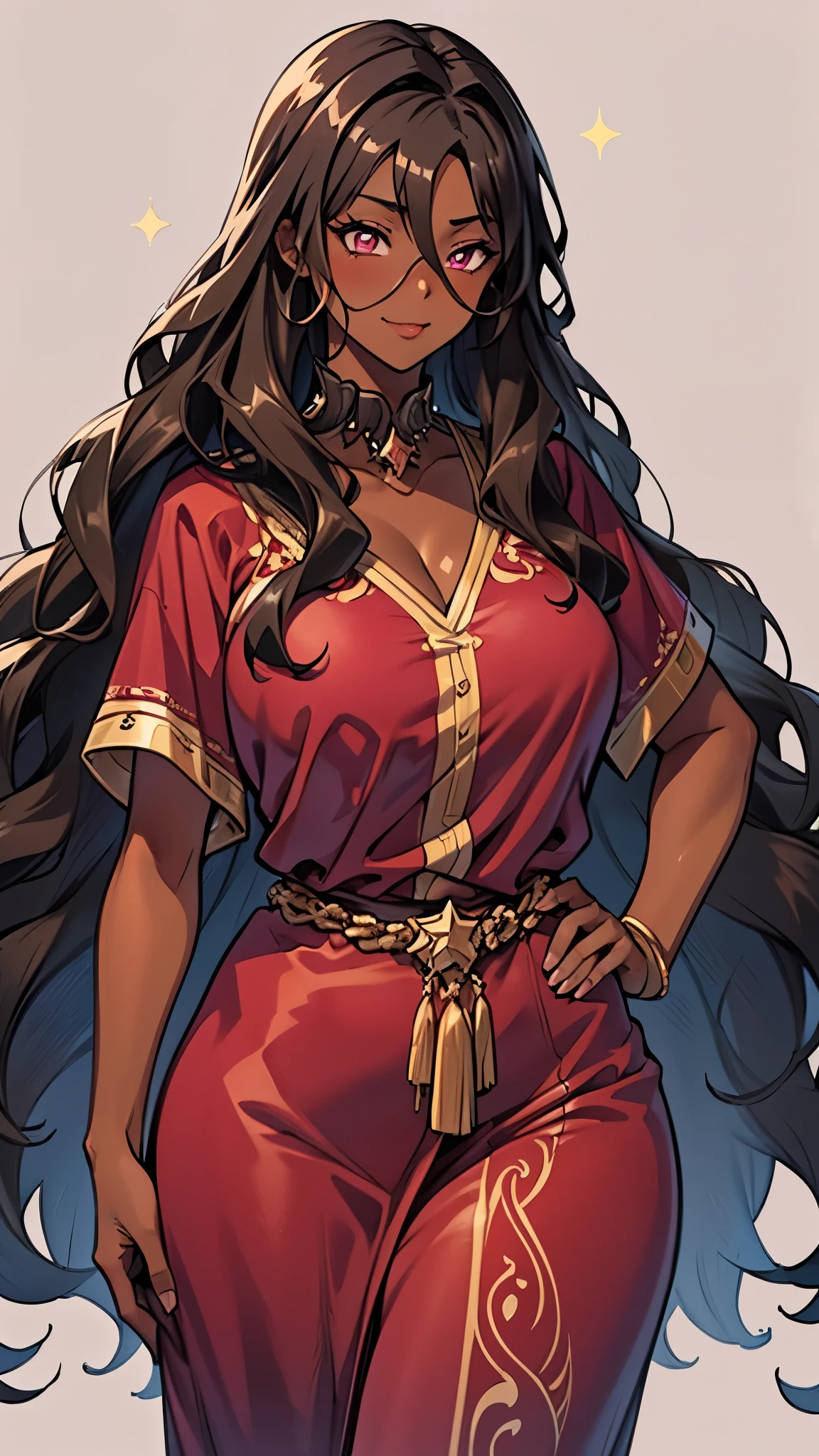 best quality, pastel colors, high details, solo girl, 1girl, 18s, anime girl, slightly chubby body, dark skin, ebony, long curly hair, brown hair, pink eyes, fancy big red dress, happy, wide hips, ((wavy hair, long hair)), mid size body, stars background, cute face