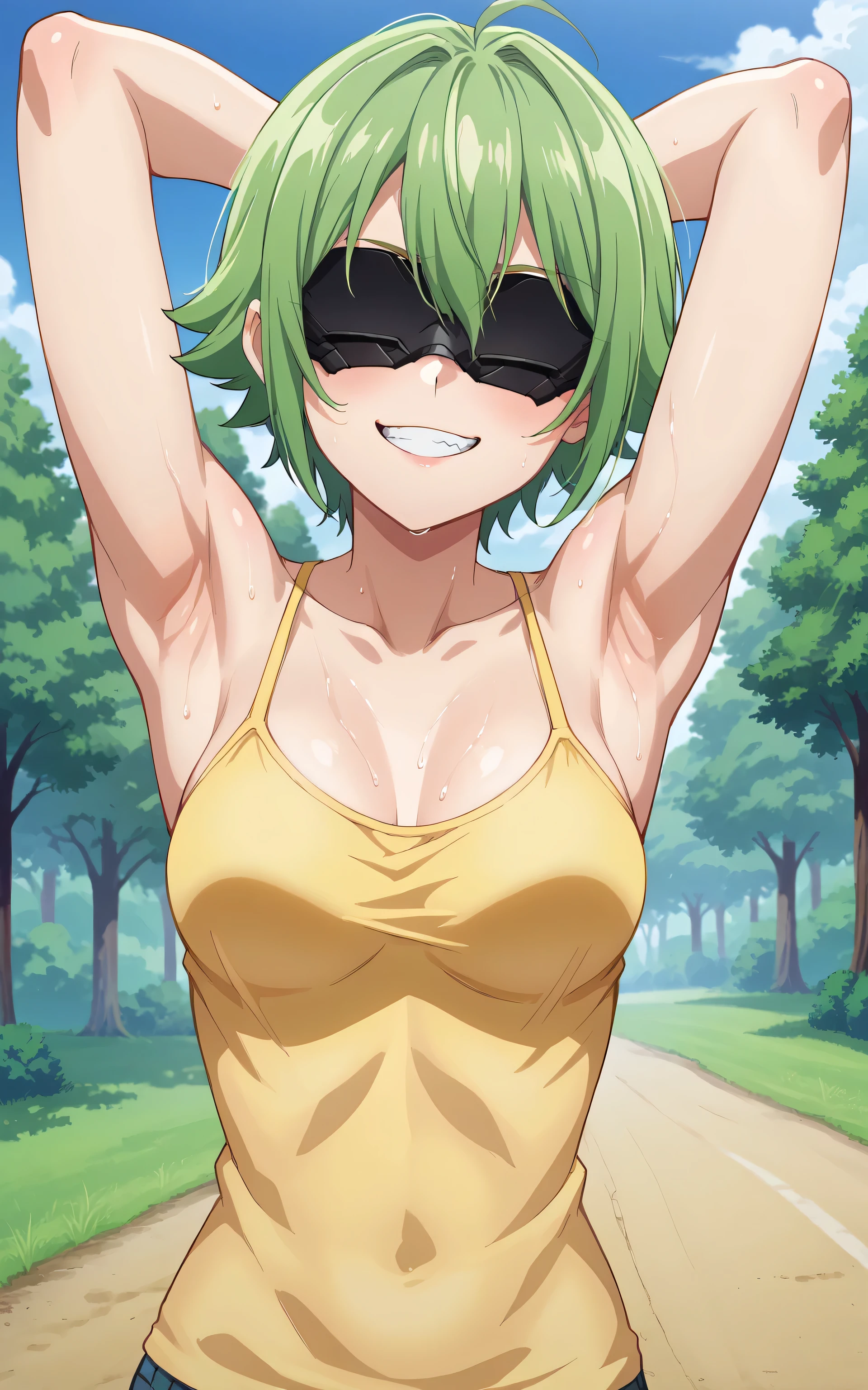 score_9, score_8_up, score_7_up, source_anime, anime screencap, 1girl, solo, electrocicin, green hair, short hair, eye mask, covered eyes, yellow tank top, spaghetti straps, bare shoulders, bare arms, arms behind head, armpits, head towards viewer, smile, smug, teeth, badhandv4, medium breasts, outdoors, day, hill, forest, sweaty 