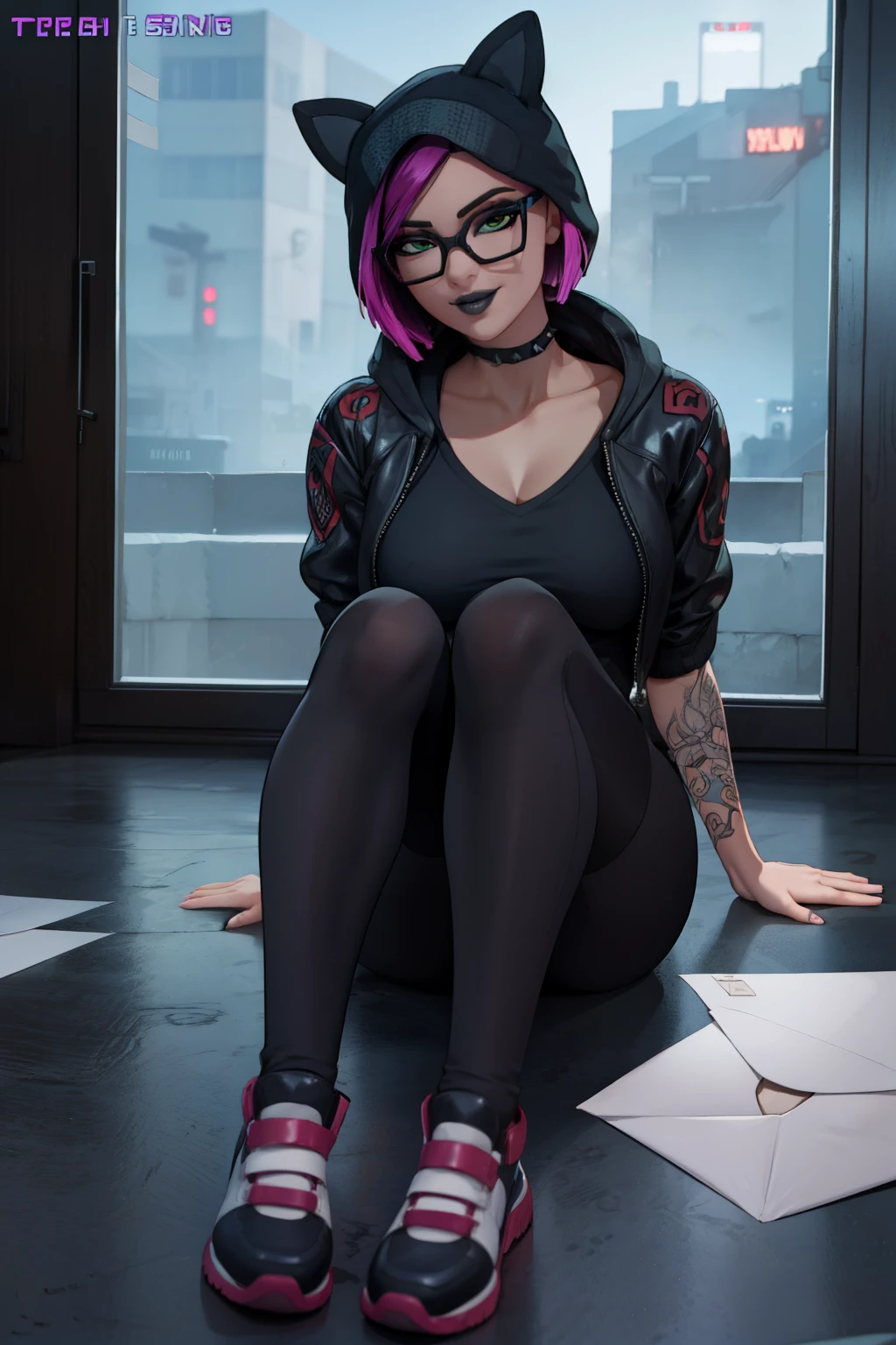 egirl, high quality fingers, normal hands, detailed fingers,masterpiece, (realistic, photo-realistic:1.37), medium breast, small waist, beautiful face, perfect illumination, beautiful detailed eyes,looking at viewer, stunningly beautiful woman, detailed hairstyle, egirl standing infront of a wall, cotton mini skirt, (fishnet top), Thigh high socks, goth,