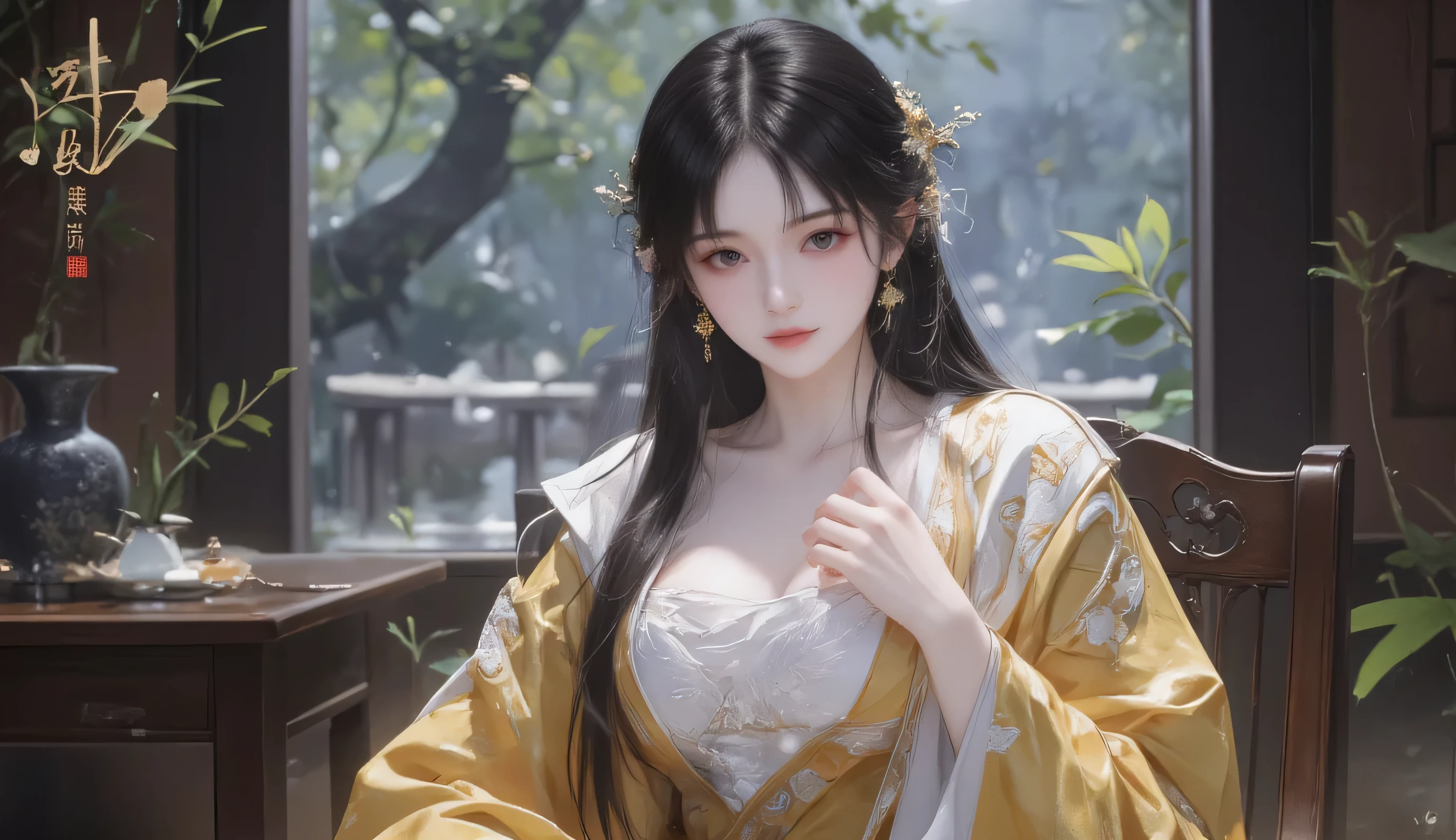 A young woman in her early 20s, inspired by a cultivation story. Her smooth, milky skin has a delicate texture reminiscent of a porcelain doll. She has a small, cherry-like nose and deep, watery eyes that reflect serenity and wisdom. Her long, straight black hair cascades gracefully down to her chest. She wears no makeup or jewelry, highlighting her natural beauty. Her outfit is a traditional, flowing gold robe with intricate details, embodying elegance and grace. On her chest is a detailed, striking white phoenix pattern, symbolizing purity and strength. The overall atmosphere is mystical and serene, typical of a cultivation world setting, Ancient tionghoa design, full body, sit on chair with table in her left side.