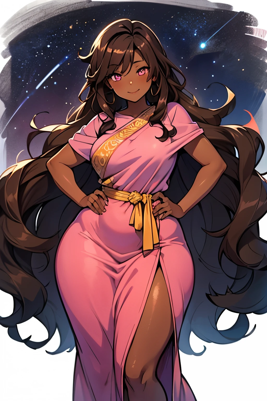 best quality, pastel colors, high details, solo girl, 1girl, 18s, anime girl, slightly chubby body, dark skin, ebony, long curly hair, brown hair, pink eyes, big red dress, happy, wide hips, ((wavy hair, long hair)), mid size body, stars background, cute face