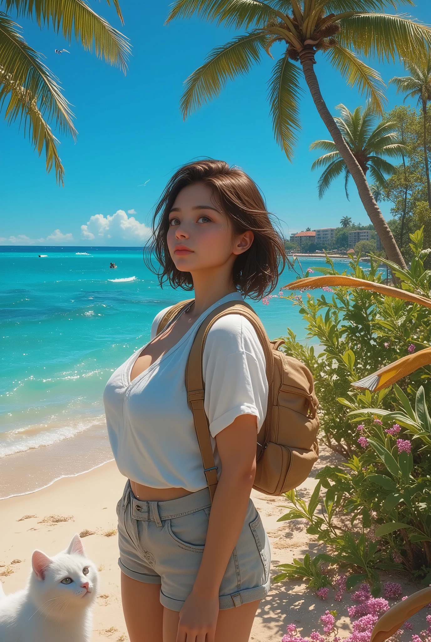  best quality 、 Top Masterpieces、 Award-winning work 、8k, ,  Traveling Girl , (白い猫と一緒に Traveling Girl :1.5), One person travel, ,  blue sky, , Hawaii, ( Waikiki Beach:1.4)