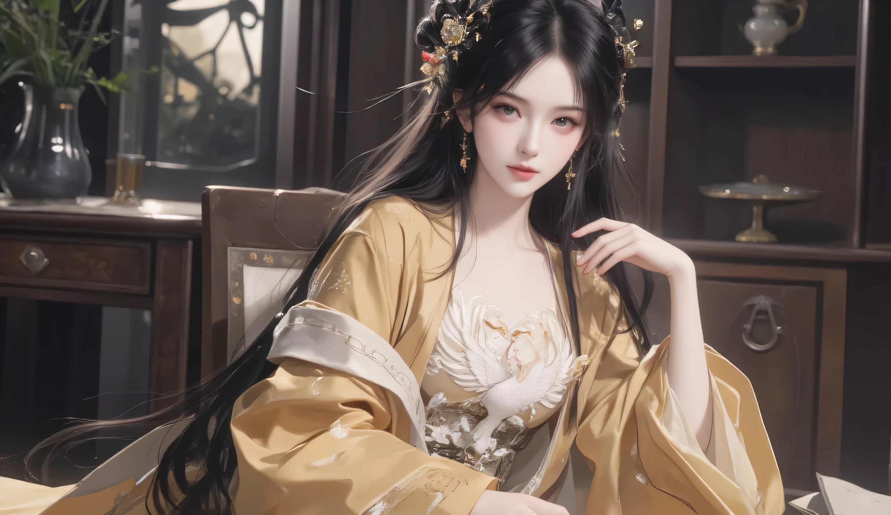 A young woman in her early 20s, inspired by a cultivation story. Her smooth, milky skin has a delicate texture reminiscent of a porcelain doll. She has a small, cherry-like nose and deep, watery eyes that reflect serenity and wisdom. Her long, straight black hair cascades gracefully down to her chest. She wears no makeup or jewelry, highlighting her natural beauty. Her outfit is a traditional, flowing gold robe with intricate details, embodying elegance and grace. On her chest is a detailed, striking white phoenix pattern, symbolizing purity and strength. The overall atmosphere is mystical and serene, typical of a cultivation world setting, Ancient tionghoa design, full body, sit on chair with table in her left side.