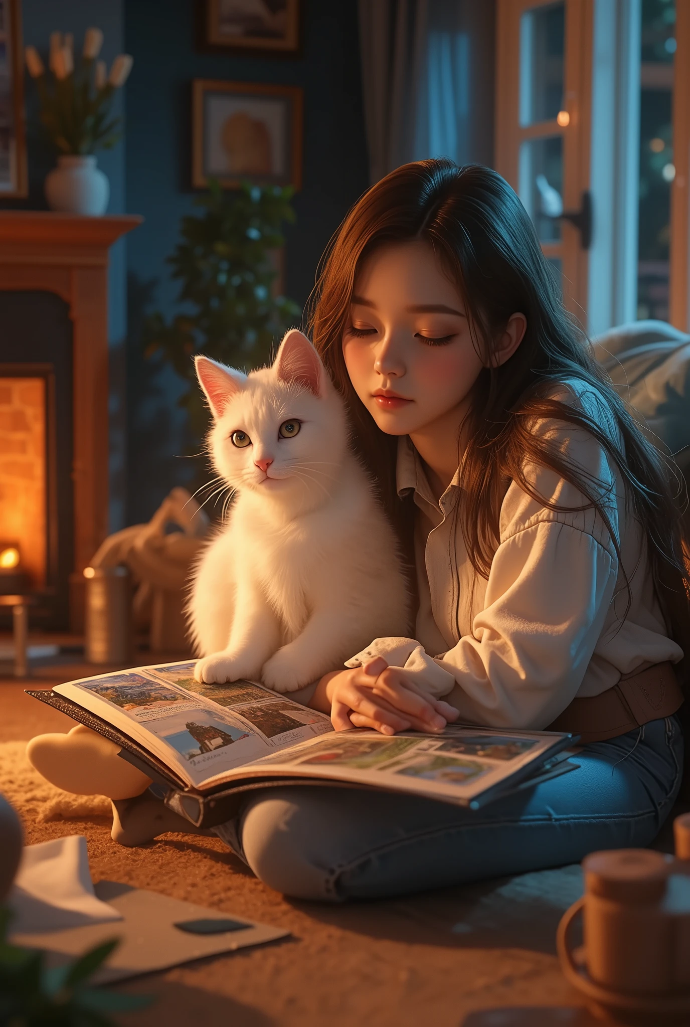 best quality 、 Top Masterpieces、 Award-winning work 、8k, , girl, (白い猫と一緒にアルバムの写真を見る girl:1.5), one's home, living room, Fireplace lights , , night, (Travel photos :1.4)