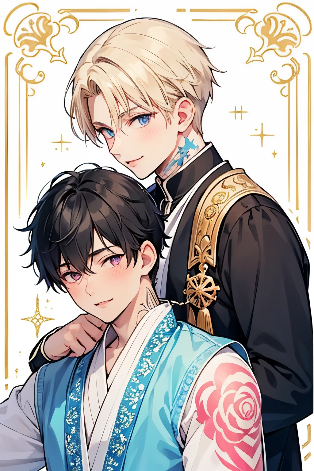 Blonde, black hair, for men, medium hair with visible tattoos ,blue eyes , pink eyes,Beautiful Boy, skinny, Multiple Boys, 2 boys, , Yaoi, gorgeous and ornament banner background,close up Face,Shy smile,