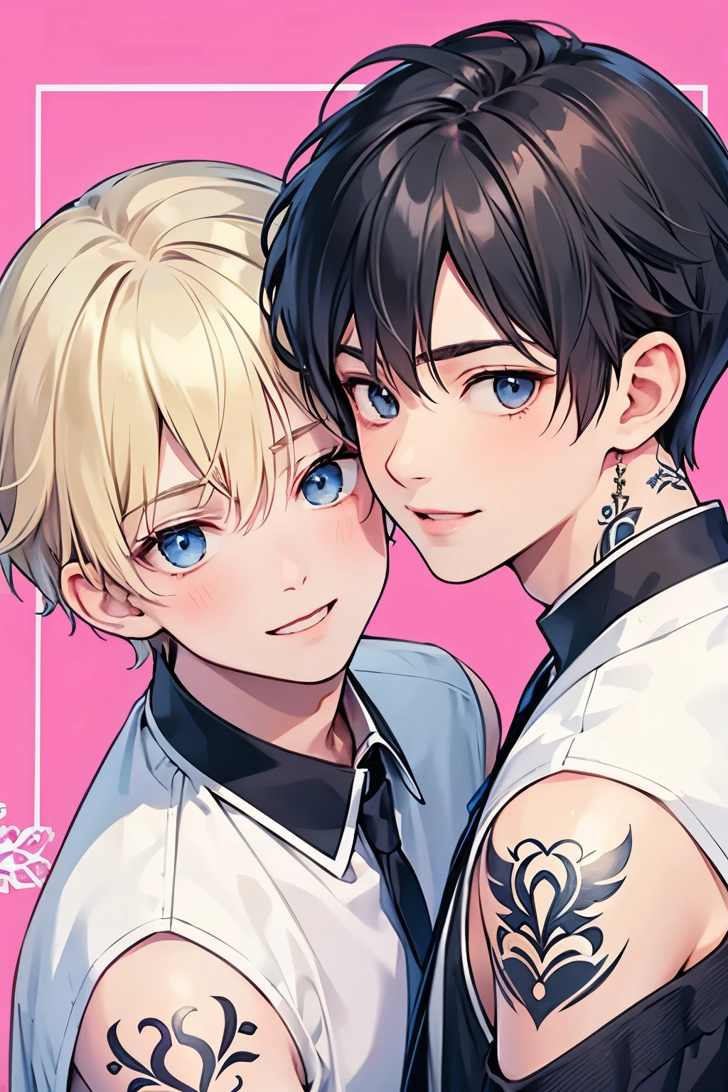 Blonde,  black hair,  for men,  medium hair with visible tattoos ,blue eyes , pink eyes,Beautiful Boy, skinny,  Multiple Boys, 2 boys, , Yaoi, gorgeous and ornament banner background,close up Face,Shy smile,
