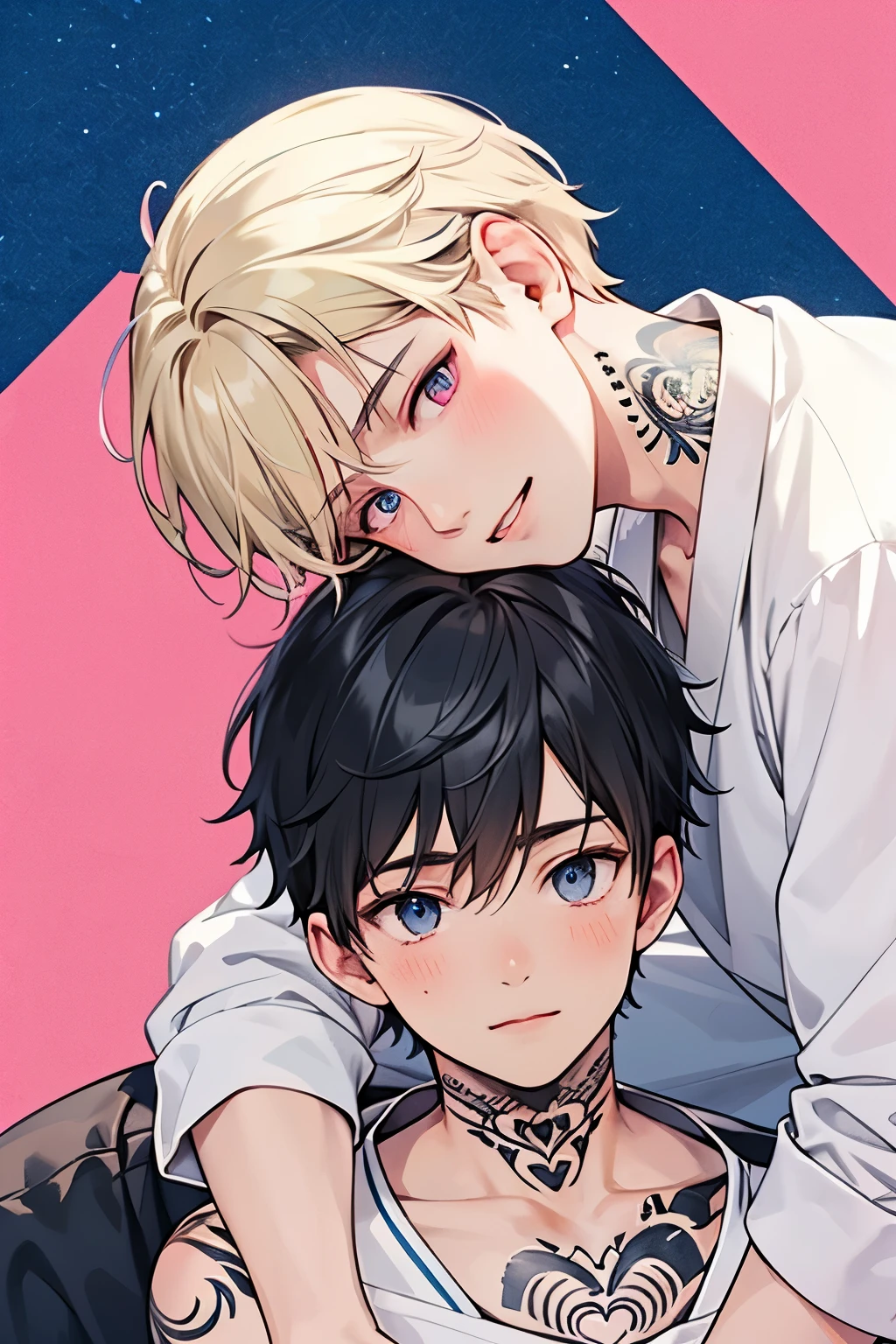 Blonde, black hair, for men, medium hair with visible tattoos ,blue eyes , pink eyes,Beautiful Boy, skinny, Multiple Boys, 2 boys, , Yaoi, gorgeous and ornament banner background,close up Face,Shy smile,