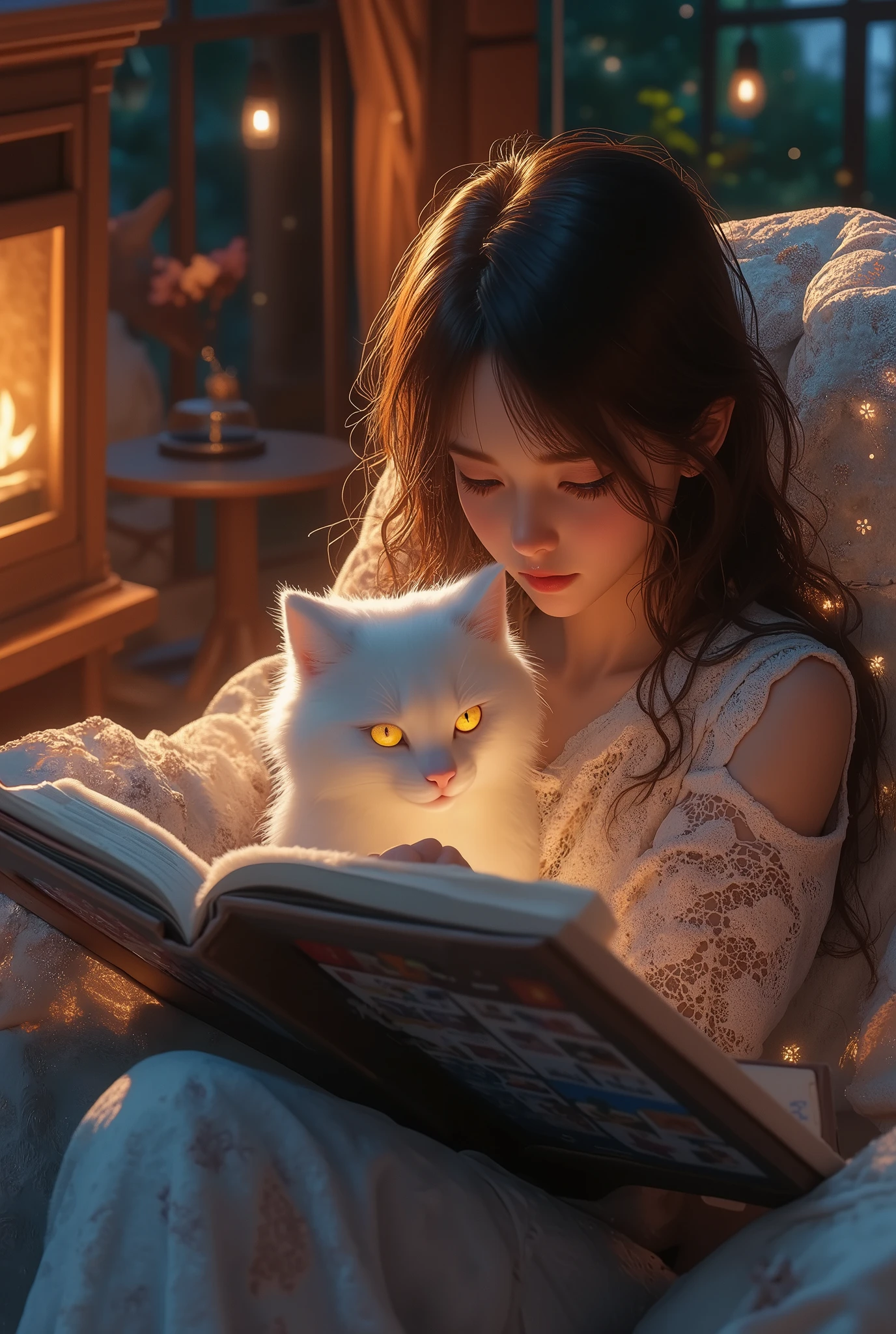 best quality 、 Top Masterpieces、 Award-winning work 、8k, , girl, (白い猫と一緒にアルバムの写真を見る girl:1.5), one's home, living room, Fireplace lights , , night, (Travel photos :1.4)