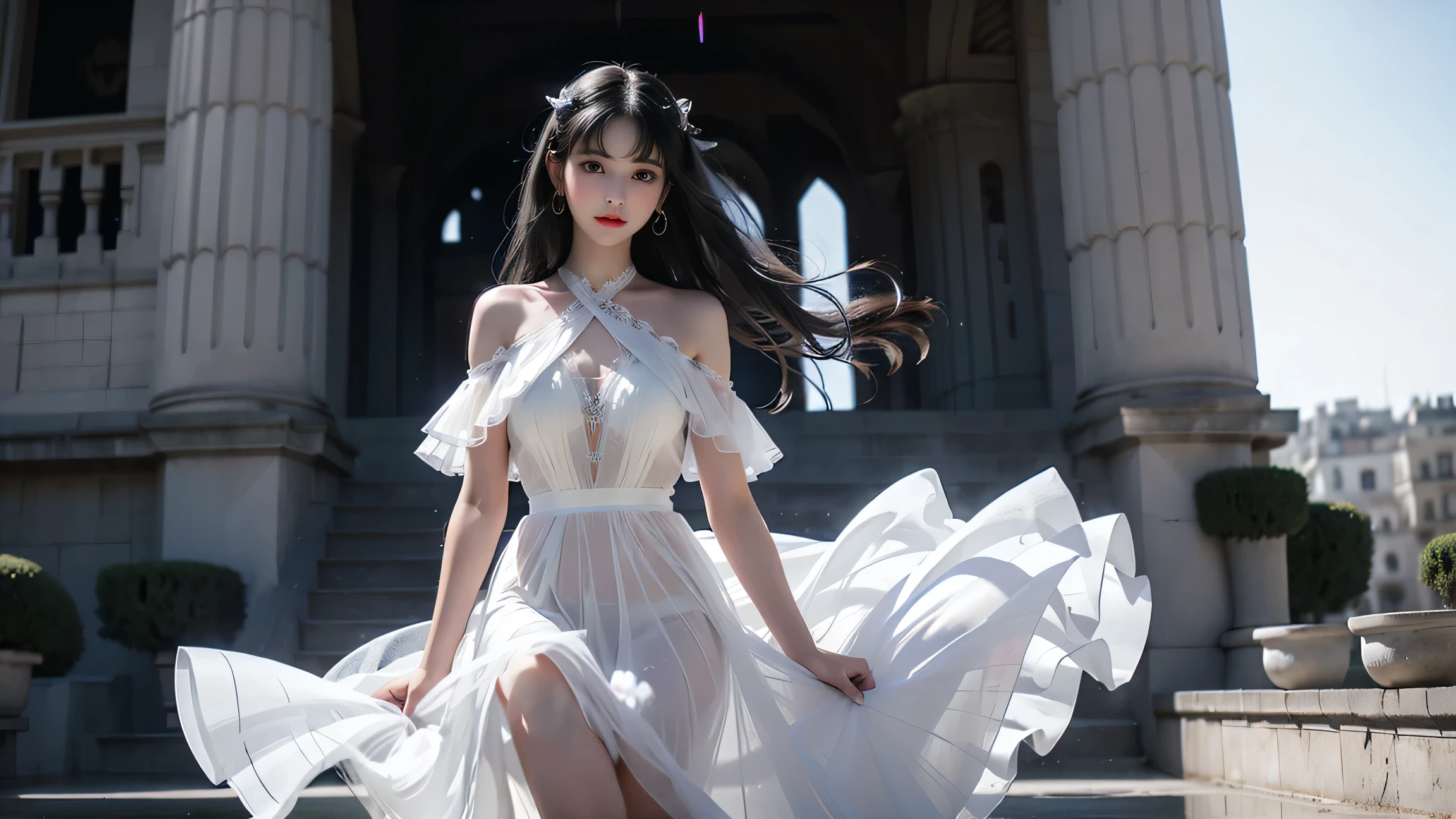 ((Girl standing in front of the wall of an old castle))、Fluorescent color、1 girl、Looking to the side、Beautiful face、Beautiful eyes、(Off the shoulder:1.2)、Upper Body、Shiny Hair、Glowing Skin、 Reduce glare、The proportions of the fingers have been adjusted、Escrow、ass pov、Dynamic Angle、(((Master part)))、(((highest quality)))、(((Super-detailed))) detailed)、(An illustration)、(Detailed light)、(Very delicate and beautiful)、Dramatic_Shadow、Ray_Tracking、reflection、 Ultra-high resolution、((A girl with colorful hair and mesh in her black hair))、 Her hair flutters in the wind、(Large deep blue eyes)、Black Haired Woman、 Sparkling Butterfly、Black-haired woman、Points of light around the woman、Magical Aura、Green dot、Aura About Natural、超Magical AuraBlack-haired woman,((Semi-transparent white open shoulder dress:1.3))、(No sleeve)、((My skirt is flying up in the wind)),((An old European castle is hazy in the distance)),((White panties are visible)),