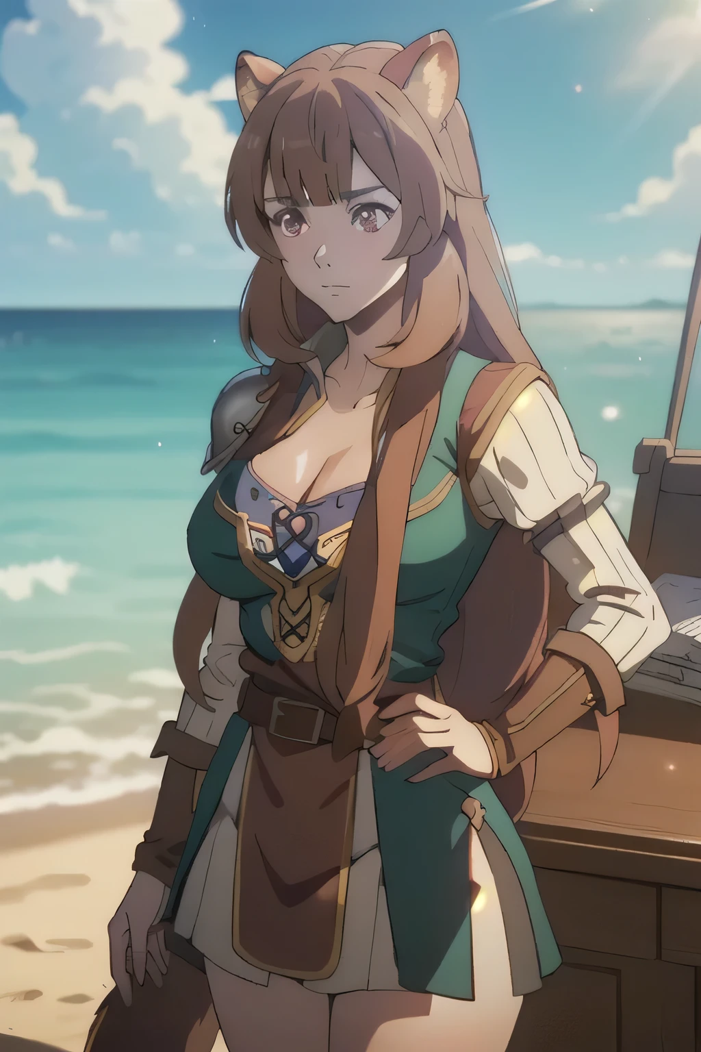 1 girl in, 18, photo of Raphtalia, Shield Hero Waifu, photo of perfect woman, Solo, Aesthetic artwork, (long hair, straight brown hair, long hair, brown hair, bangs: 1.25), (girl, raccoon girl, raccoon ears, animal ears, red eyes: 1.2), (clear skin, fare skin, medium breasts, B-cup, runners body, very thin waist, skinny, petite, detailed skin texture, (Masterpiece), (cleavage, focus on breasts:1.2), (ocean background, background an old pirate ship desk, giant black storm clouds approaching, (wearing an blue tunic, leather belt, Triforce symbol, princess Zelda, Zelda breath of the wild cosplay), (sensuous pose,), (extremely detailed 8k wallpaper), soft lighting, high quality, film grain, 50mm, High Detail, Sharp focus, (natural light), (cowboy photo:1.2), light particles
