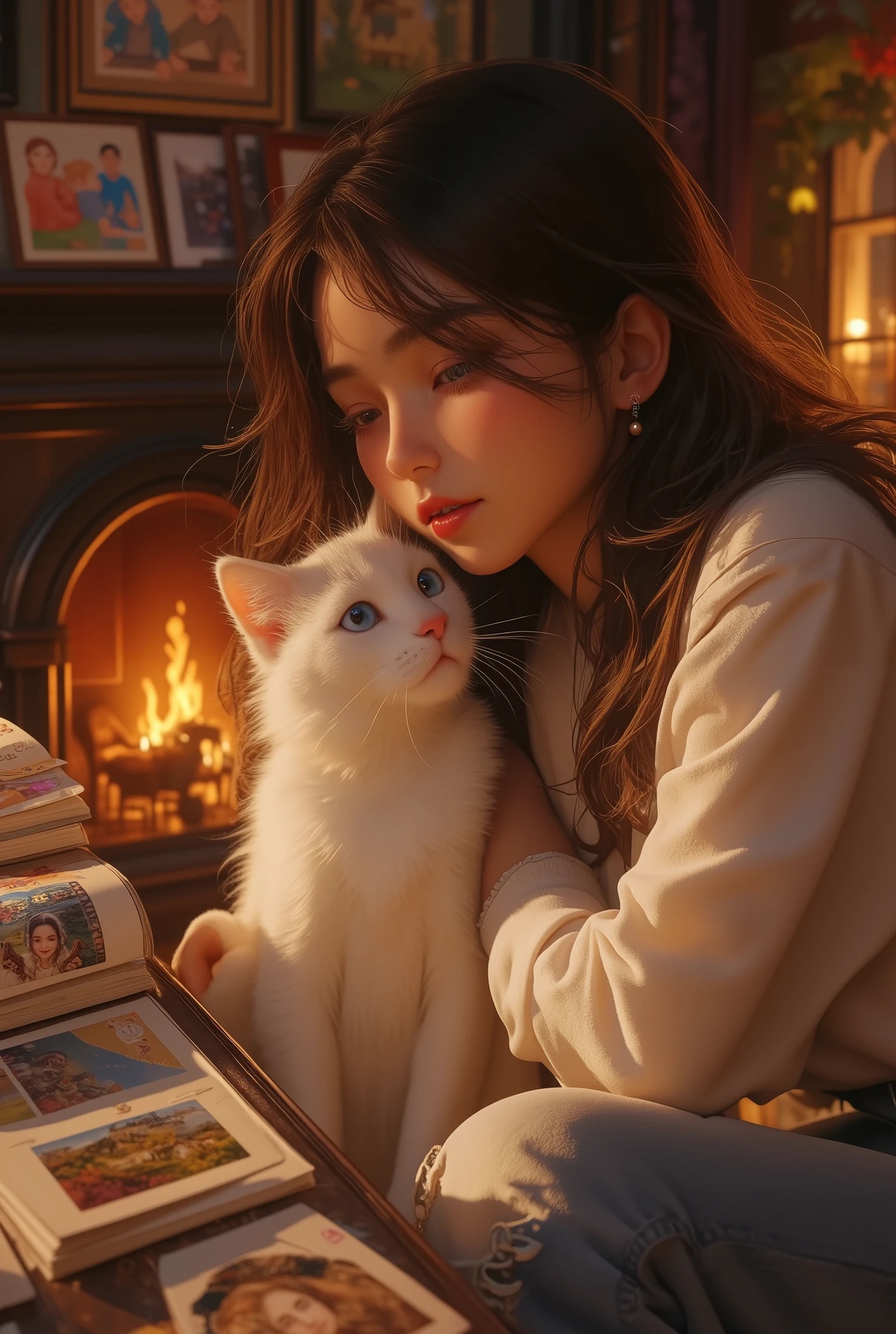 best quality 、 Top Masterpieces、 Award-winning work 、8k, , girl, (白い猫と一緒にアルバムの写真を見る girl:1.5), one's home, living room, Fireplace lights , , night, Lots of photos on her desk , (Travel photos , Photos from her trip with her cat :1.4)