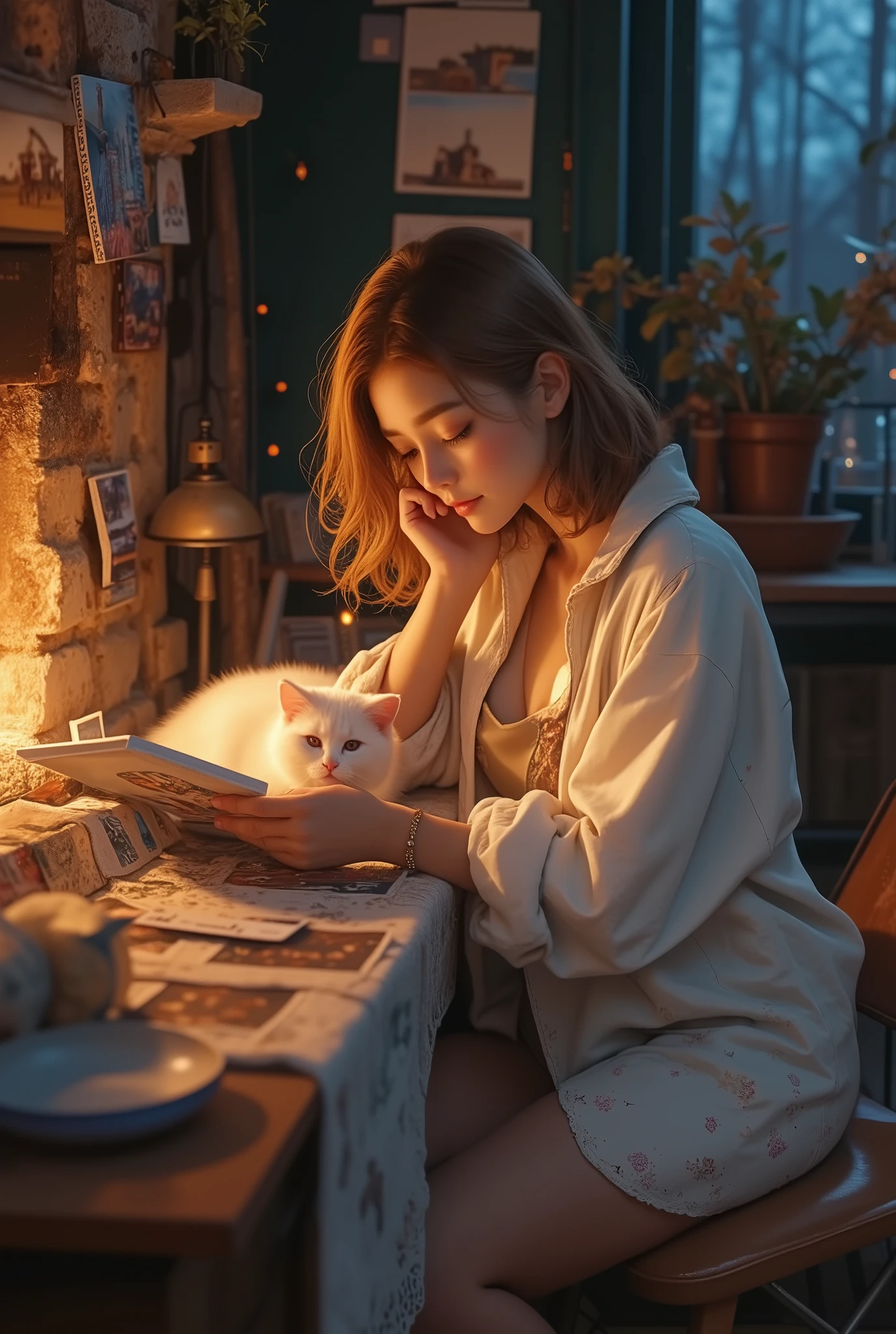 best quality 、 Top Masterpieces、 Award-winning work 、8k, , girl, (白い猫と一緒に写真を見る girl:1.5), , (Travel photos , Photos from her trip with her cat :1.4), one's home, living room, Fireplace lights , , night, Lots of photos on her desk