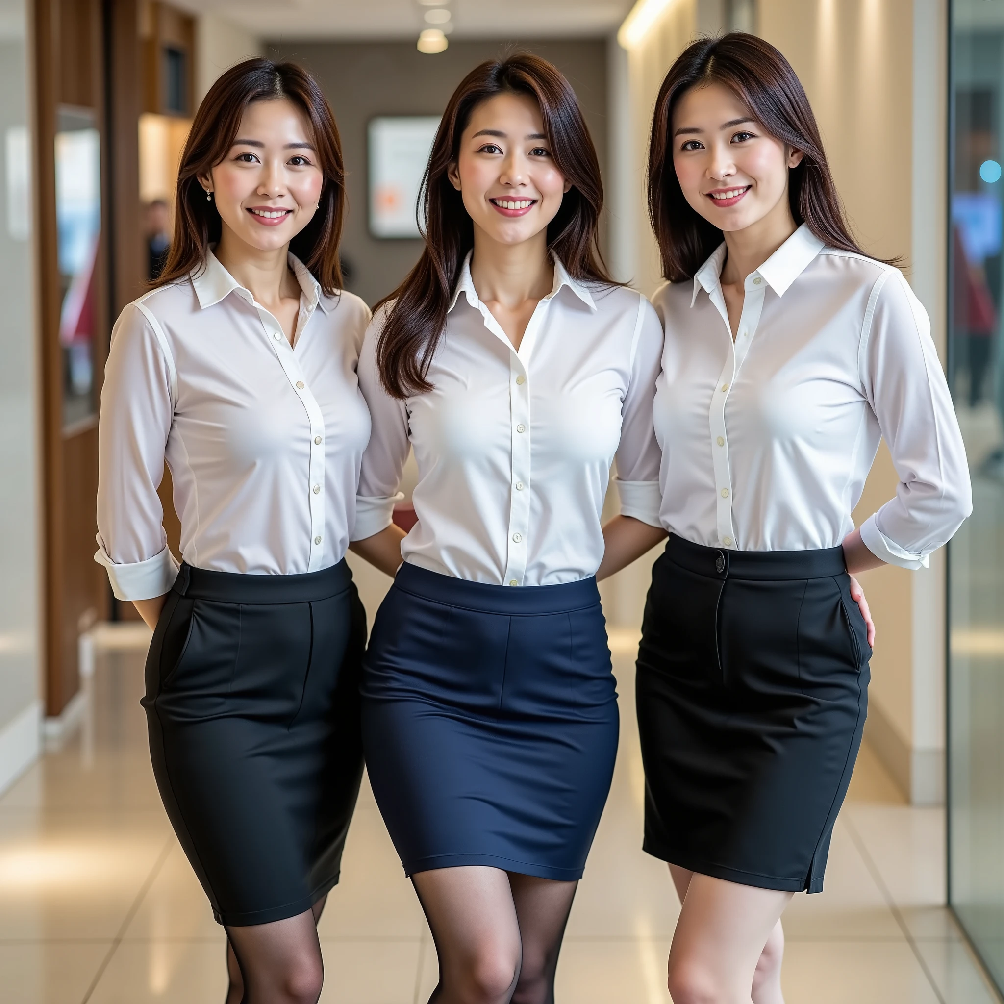 Please place the photo image 、 full body shot、 can you see your feet 、 3 gorgeous Japanese women wearing business clothes、 slimmer body in a building、Big Breasts、Wearing business clothes 、 skirt 、 tight button shirt 、tights、、 convention center 、smile、 photo pose 、 standing with hands folded behind