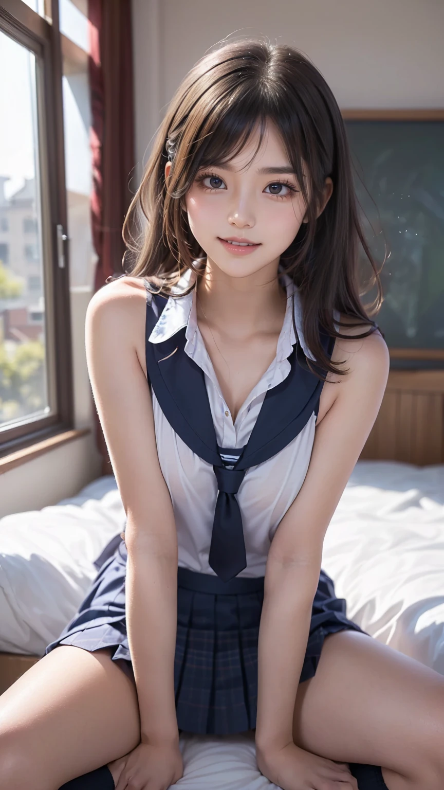 1 girl, happy, smiling, intelligent face, (super time: 1.2), (school uniform: 1.2)), RAW photos, (photorealistic: 1.37, realistic), high-definition CG integrated 8K wallpaper, (HQ skin: 1.8, glossy skin), 8k UHD, DSLR, soft lighting, high quality, film grain, Fujifilm XT3, ((upper body: 1.6)), ( Professional Lighting: 1.6), white socks, little girl, open legs, full body shot, (((sheer underwear)), feet with socks, open legs, five fingers, small,