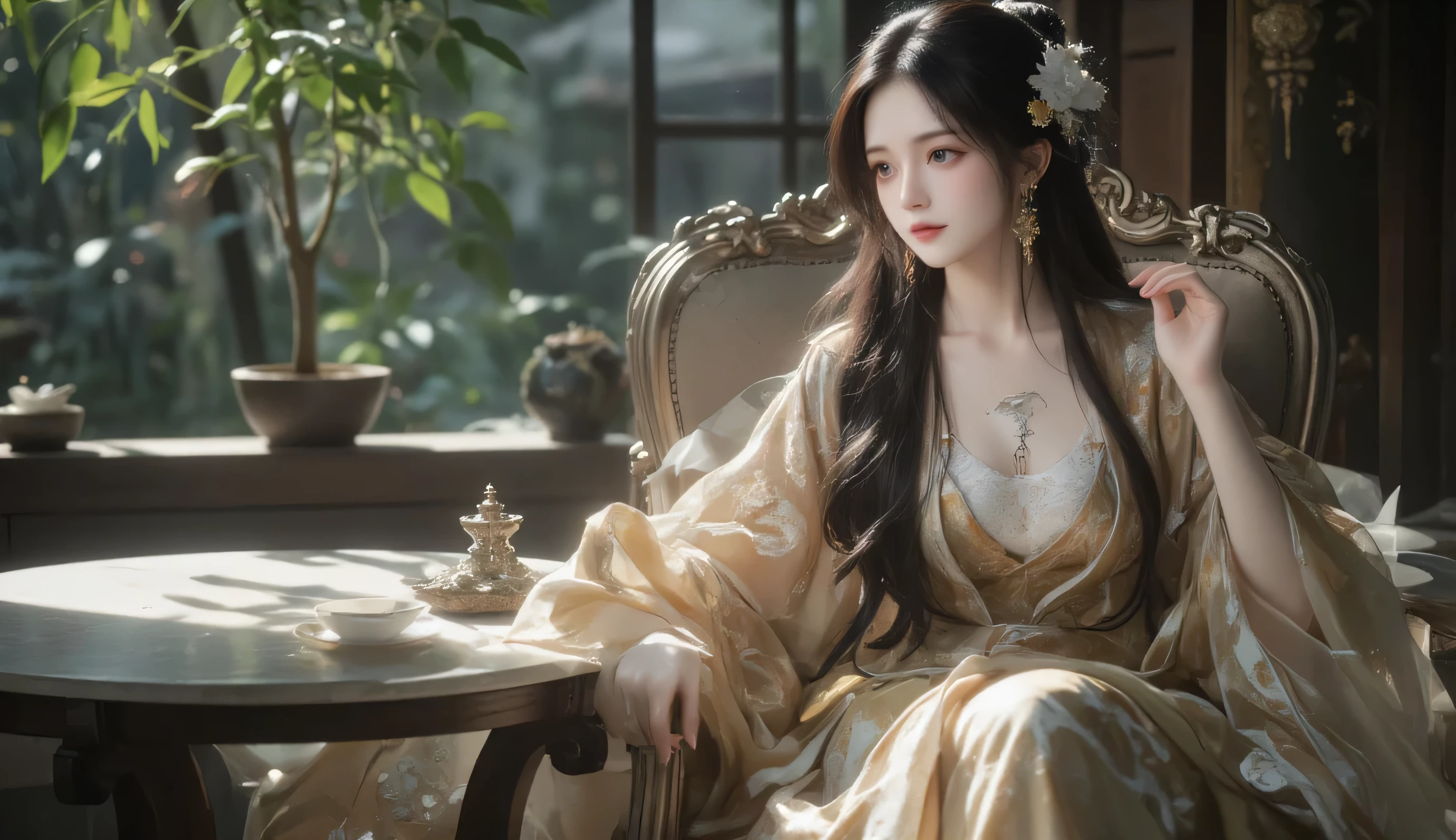 A young woman in her early 20s, inspired by a cultivation story. Her smooth, milky skin has a delicate texture reminiscent of a porcelain doll. She has a small, cherry-like nose and deep, watery eyes that reflect serenity and wisdom. Her long, straight black hair cascades gracefully down to her chest. She wears no makeup or jewelry, highlighting her natural beauty. Her outfit is a traditional, flowing gold robe with intricate details, embodying elegance and grace. On her chest is a detailed, striking white phoenix pattern, symbolizing purity and strength. The overall atmosphere is mystical and serene, typical of a cultivation world setting, Ancient tionghoa design, full body, sit on chair with table in her left side, serenity aura.