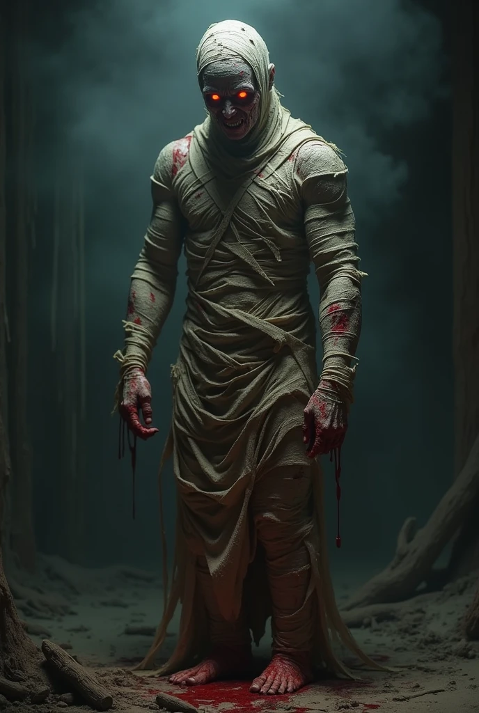 Photorealistic, ((best quality)), ((masterpiece)), (detailed), horror masculine portrait of adult model dressed up as a mummy, 50-year-old male model, handsome, tall, cute looking, evil look, dark look, powerful, adult male, handsome model, clean shave, blue eyes. short curly messy brown hair, messy curly hair, pale skin, white pale skin, super strong, muscular, fit, massive muscles, six pack, hairless chest, shirtless, pantless, shirtless, barechested, chest exposed, upper-body exposed, muscle, ripped, strong body, fit body, barelegged, barefoot, antique mummy bandages, mummy costume, egyptian ruins, (Sarcophagus:1.4), 8k, high detailed, ultra-detailed, Stylish Pose, real skin texture, dark cinematic lighting, night, dark night,Fujifilm XT3 photorealistic art by midjourney