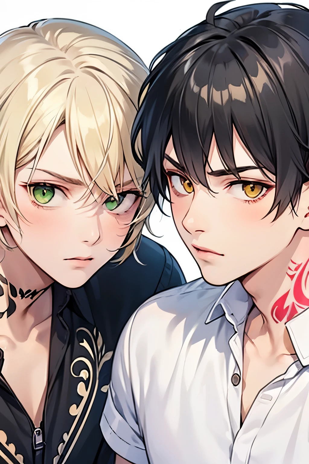 Blonde, black hair, for men, medium hair with visible tattoos , yellow eyes , green eyes,Beautiful Boy, skinny, Multiple Boys, 2 boys, , Yaoi, Checkered background,close up Face,Bad mood