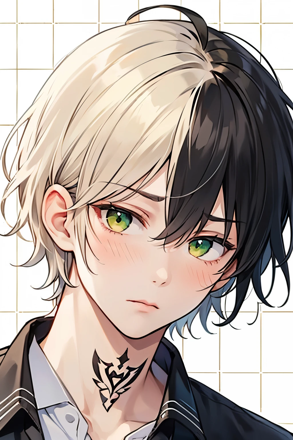 Blonde,  black hair,  for men,  medium hair with visible tattoos , yellow eyes , green eyes,Beautiful Boy, skinny,  Multiple Boys, 2 boys, , Yaoi, Checkered background,close up Face,Bad mood