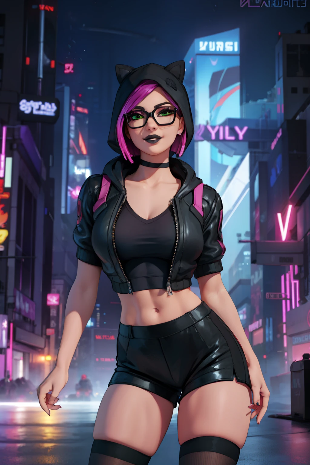 Traje de lince cyberpunk, Noche,gorro de invierno , shorts negro con Azul leggins Negro ,chaqueta Blanco ,Extremadamente detallado, rostro detallado, gafas ,hermoso rostro, ojos finos, mirando al espectador, pose femenino.