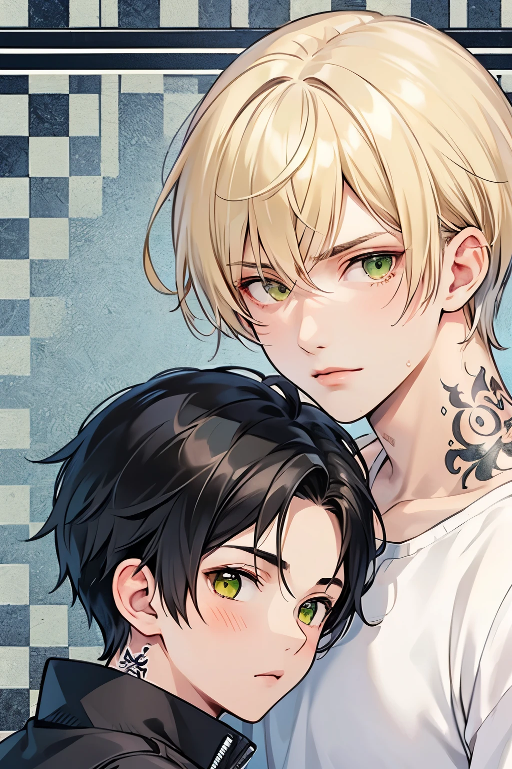 Blonde, black hair, for men, medium hair with visible tattoos , yellow eyes , green eyes,Beautiful Boy, skinny, Multiple Boys, 2 boys, , Yaoi, Checkered background,close up Face,Bad mood