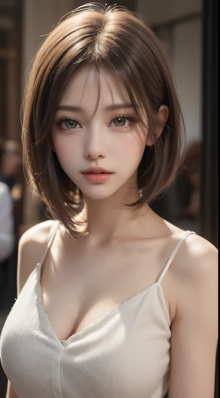(Tabletop, Highest quality、Very attractive adult beauty、Add strong highlights to the eyes、Look closely at the camera:1.4、A beautiful woman with mature charm、Ideal body type、Perfect Anatomy、Short brunette bob、Shiny Hair、Lip gloss),one person's, alone, 明るい茶色のShiny Hair, scarf,Realistic, Looking at the audience、Please tilt your head a little, Bright colored crystal light blue eyes, 短いShiny Hair、 chestの中央に穴が開いた白いタートルネックの服,chestの真ん中に丸い穴が開いたセクシーな白いタートルネックのニットセーター、 lips, Lip gloss,prohibit, Upper Body、Big eyes、eyelash、Face is a little red、Embarrassing)、((Italian road system in winter))、((Short hair with bangs、Big eyes、Give students a very strong highlight、{Huge|big|Hugeな|Mega} chest:1.4、very bigger chest、Gazing at the audience、Very beautiful beauty、Listen carefully、Long neck、Laugh a little、Beautiful Teeth、Laughing with your mouth open、Heart-shaped pupils))、28 years old、Very cute supermodel、