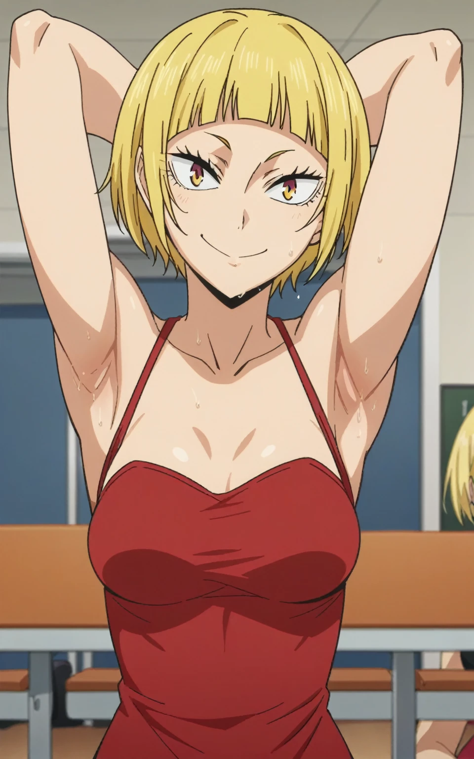 masterpiece, best quality, looking at viewer, upper body, portrait, looking at viewer, seductive smile, put your hands behind your head, armpits, armpits visible, sweaty armpits, mordred, very small breasts, yellow hair, wearing red bikini,