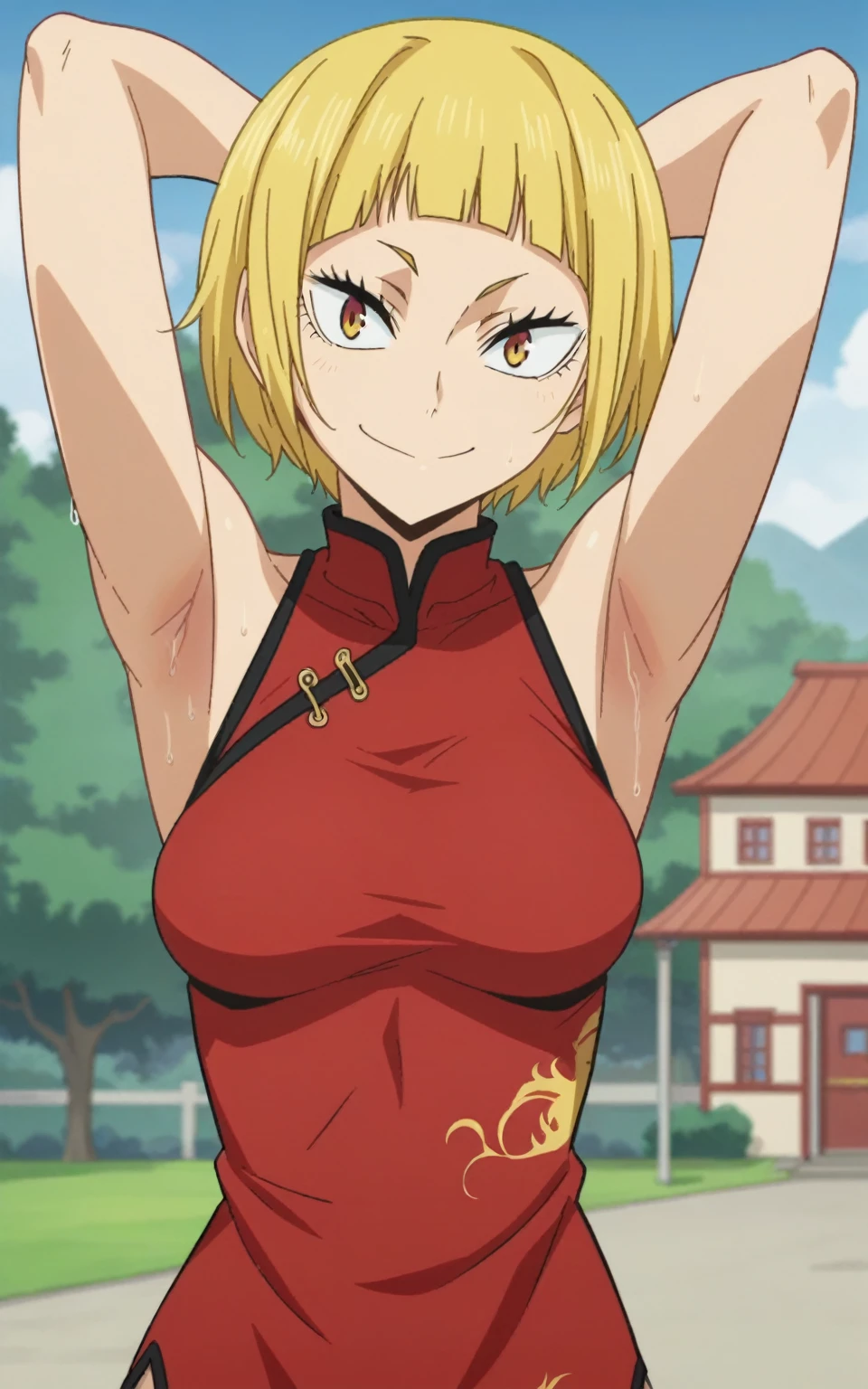 score_9, score_8_up, score_7_up, source_anime, solo, 1girl, integra hellsing, hellsing, smug, sinister smug expression, shy, looking at viewer, arms behind back, blonde hair, hair over one eye, blue eyes, yellow shirt, short sleeves, latex suit, humongous , large breastsve breasts, boob  bare bre, naked breasts, Cdress, we Chines, integra