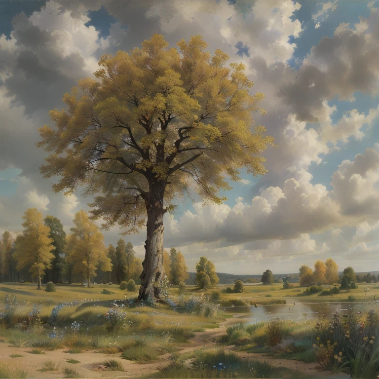  Oil paints ， acrylic paint ，tmasterpiece， renaissance style ， The best quality， Golden Space ， idyllic landscape ，present ，The tree，，herboso，sky sky，clouds ， transparent， Realistic landscape painting，Author:Levitan， Traveling schools 