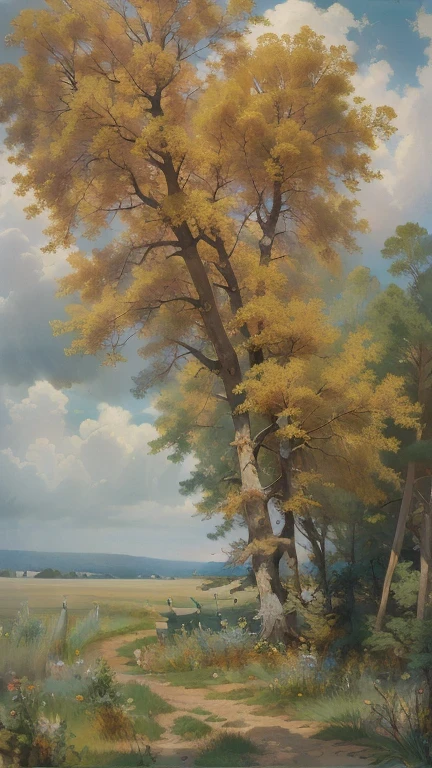 Oil paints , acrylic paint ,tmasterpiece, renaissance style , The best quality, Golden Space , idyllic landscape ,present ,The tree,,herboso,sky sky,clouds , transparent, Realistic landscape painting,Author:Levitan, Traveling schools