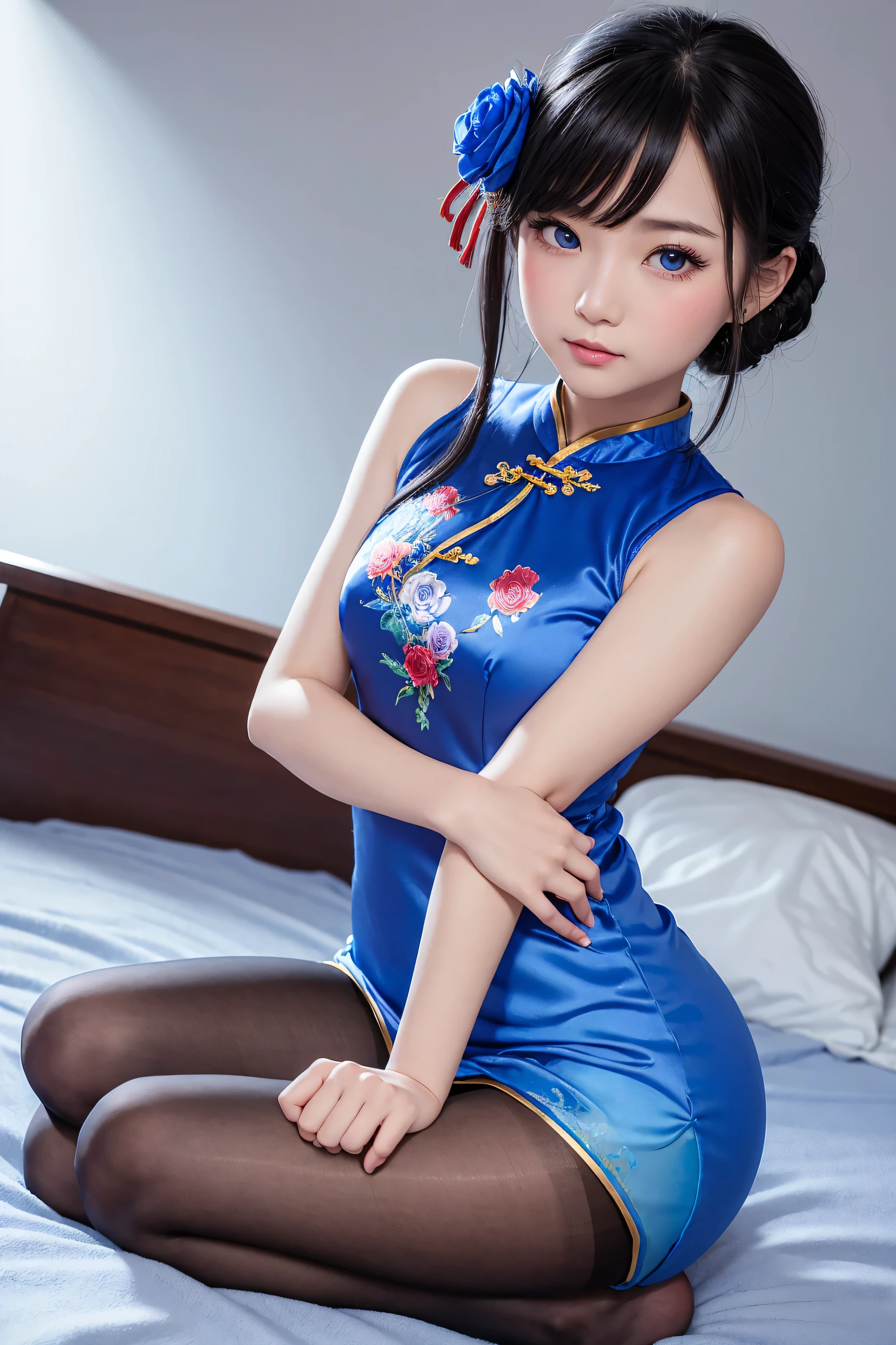 (1 Girl Solo, 1 Sexy Woman, Brown Hair, Twintails, flower pattern Cheongsam:1.4), (leaning forward:1.3), (hands on knees, On Bed:1.3), Earrings, ((Brown Eyes, Beatiful Eyes, Detailed Eyes, Breasts, thigh, textured skin, Beautiful skin,)), Smile, ((Anatomically Correct:1.3)), (Extreme-Close-Up:1.3), Hard Lighting, Cinematic Light, (depth of field), Look at viewer, (Futuristic Portrait), no futuro telhado de luz neon, SSCI - FI e Fantasia, intrincado e muito bonito e elegante, altamente detalhado, pintura digital, art-station, arte conceitual, smooth and sharp focus, illustration, Arte de Tan Zi e Ayanamikodon e Alphonse Mucha e Wlop