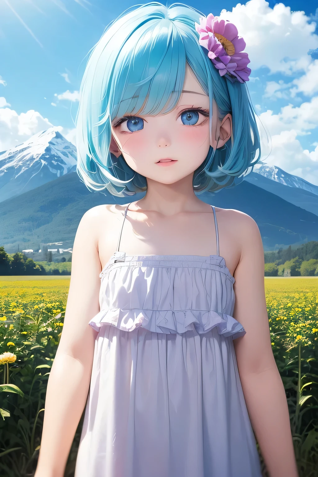 Femboy, otoko no ko, (flat chest), sexy body, white skin, smooth skin,((blue aqua hair)), short hair, shy face, blush on face, cute face, cute lips, blue eyes, frilled dress, medium dress, purple dress,sexy fose, cute fose, mountain flower background frame