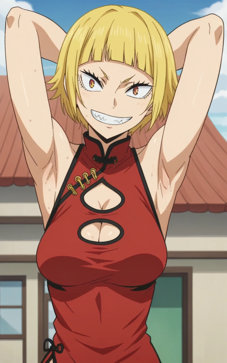 ((best quality)),((highly detailed)),masterpiece,absurdres,detailed face,beautiful face,(detailed eyes, deep eyes),1girl,((dynamic pose)), dimaria, yellow hair, solo, bow, large breasts, cowboy shot, chinese town, outdoors, seductive smile, looking at viewer, wearing yellow chinese dress, put your hands behind your head, armpits, armpits visible, sweaty armpits, breast cleavage
