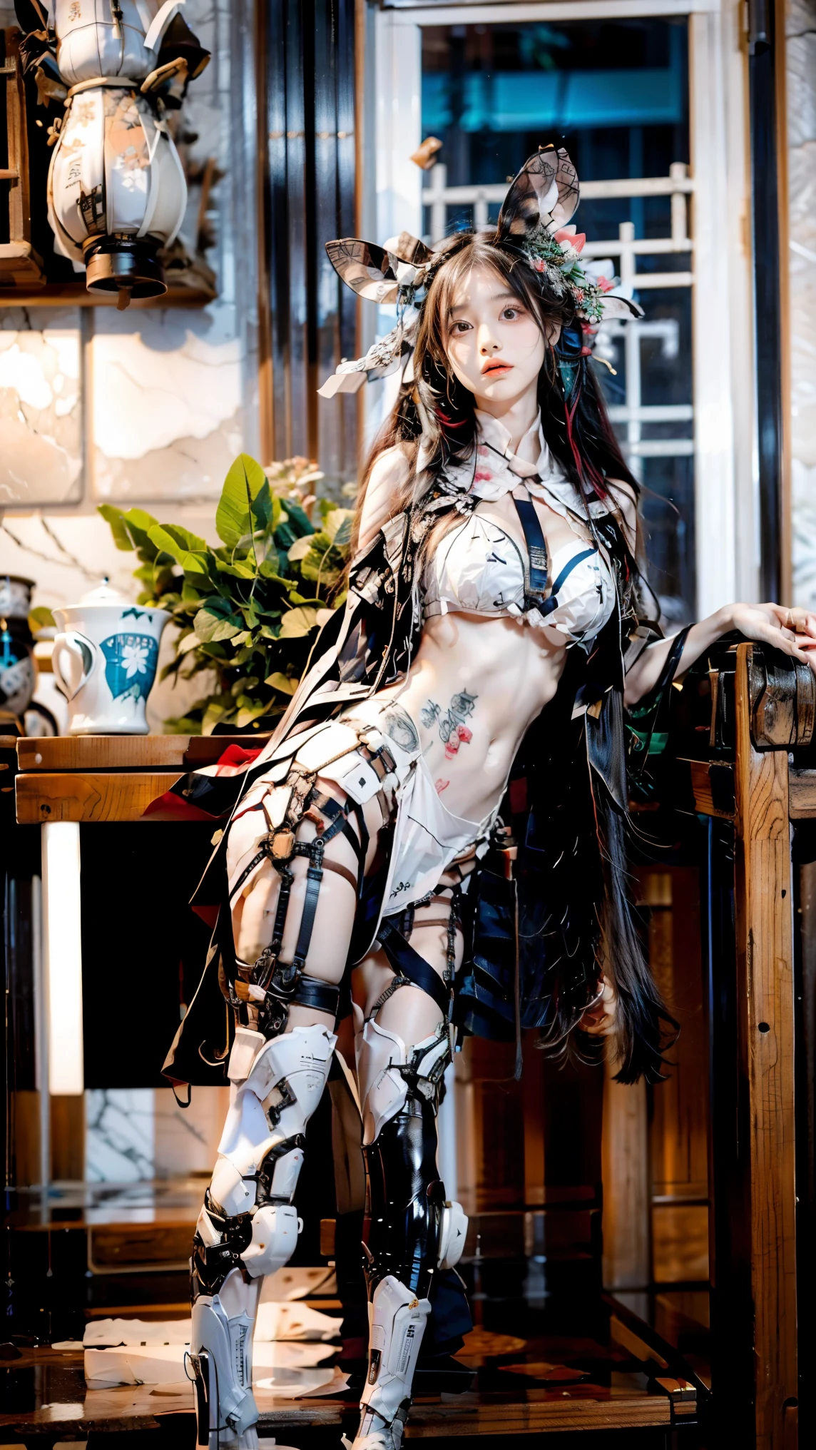 best qualtiy,tmasterpiece,超高分辨率,(realisticlying:1.4),RAW photogr,1个Giant Breast Girl,黑The eye,looking at viewert,long whitr hair,Light makeup,Do the action of biting your lip,tiny ears,耳Nipple Ring,Bigchest,slim,exposed,The body faces the viewer,