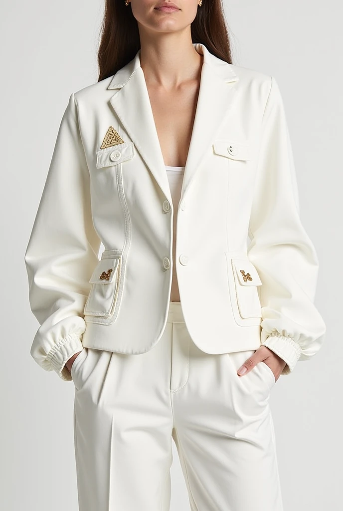 uma mulher de jaqueta branca e shorts cinza posando para uma foto, suit jacket, jaqueta curta, jaqueta esportiva, white jacket, translucent body, jaqueta sobre tronco nu, desgaste sutil - e - rasgo, corpo transparente, INSPO, roupas esportivas, encapuzado, wearing jacket, Fato de ciclismo Nike, roupas esportivas, jaqueta bomber, Metal Refletivo, jaqueta puffer transparente, fotografia realista, fotografia, obra-prima, realista, Realismo, renderizado, Alto contraste, Arte Digital, fotográficorealista, trend in Artstation 8k HD, high definiton, circunstanciado, Realistic, detalhada, textura da pele, hiperdetalhada, Textura realista da pele, melhor qualidade, ultra high-resolution, (fotografia realista: 1.4), alta resolução, detalhada, fotografia crua, Crisp resolution, Nikon d850 filme, fotografia de stock 4, Kodak Portra 400 Camera F1 Lens.6, textura hiper realista, lighting dramatic, Unrealistic trend in Artstation Cinestill 800, RAW.