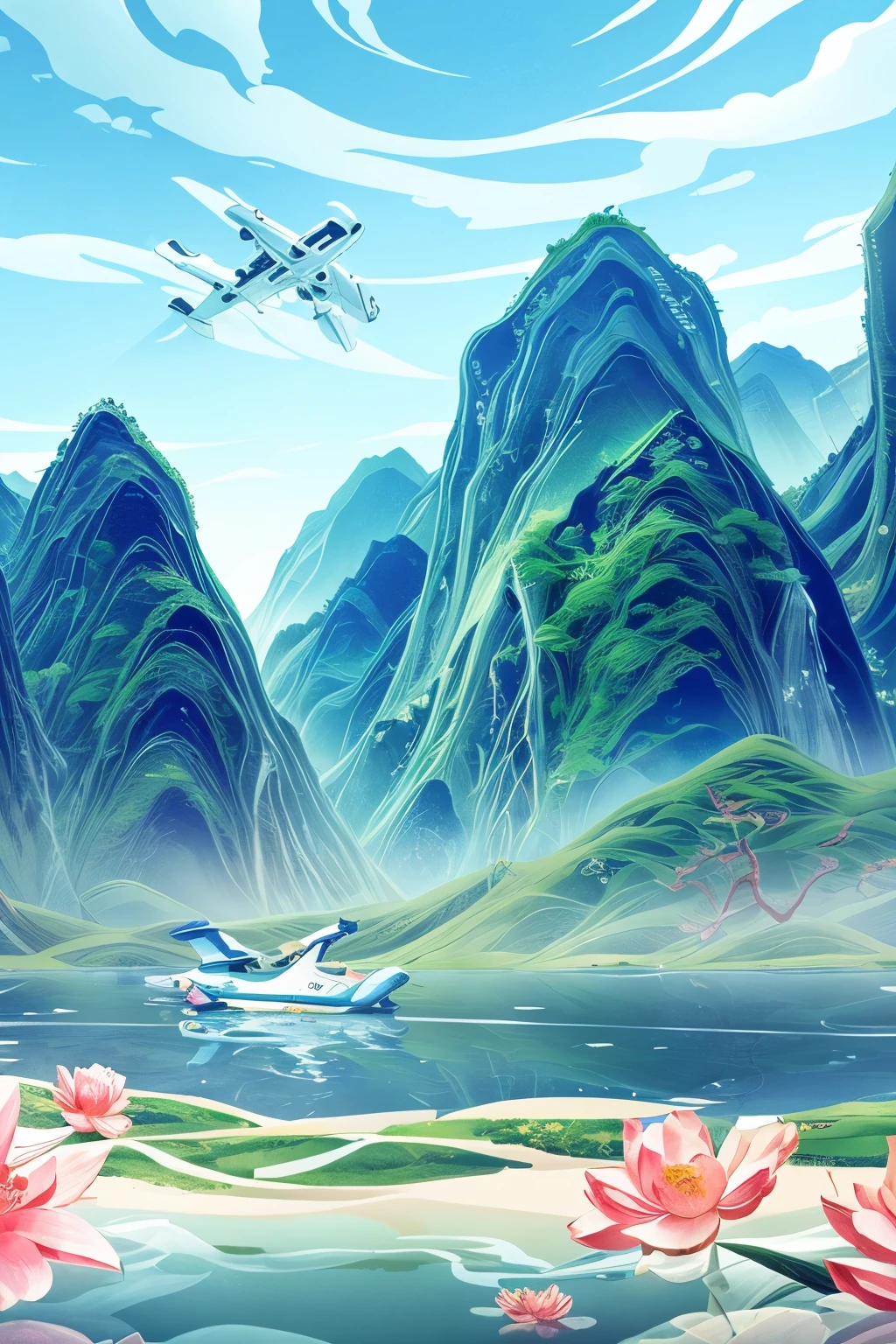 4k images, A white passenger plane flies obliquely upward,Guochao Creative, beautiful vision ,Creative Photography,Sky blue background,Colorful Xiangyun ,, only American tide