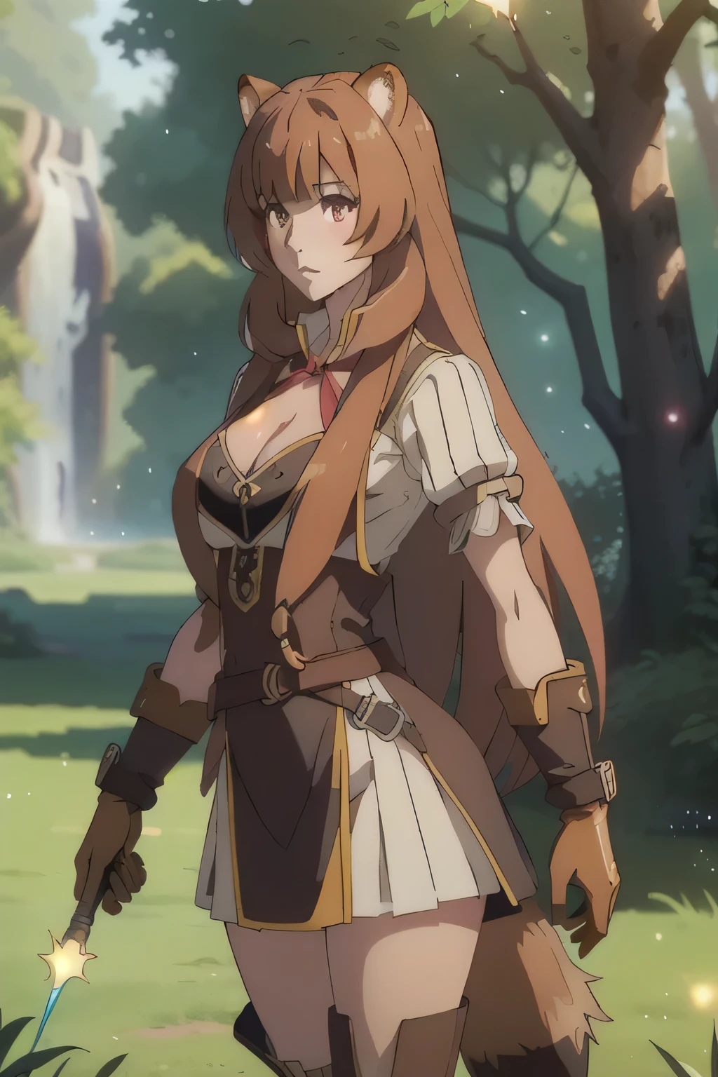 1 girl in, 18, photo of Raphtalia, Shield Hero Waifu, photo of perfect woman, Solo, Aesthetic artwork, (long hair, straight brown hair, long hair, brown hair, bangs: 1.25), (girl, raccoon girl, raccoon ears, animal ears, red eyes: 1.2), (clear skin, fare skin, medium breasts, B-cup, runners body, very thin waist, skinny, petite, detailed skin texture, (Masterpiece), (1girl in, 18, Pocahontas Waifu, photo of perfect woman, miniature ferry, Solo, Aesthetic artwork, (long hair, very long straight black hair:1.25), (clear skin, tanned skin, large breasts, DD-cup, runners body, very thin waist, skinny, petite, detailed skin texture), (cleavage, focus on breasts:1.2), ((Arch back, Fantasy style, Fantasy environment, fairy, wings, long leather dress, leather belt, brown leather gloves, brown leather boots, holding a sword, landscape of a beautiful forest, (extremely detailed 8k wallpaper), soft lighting, high quality, film grain, 50mm, High Detail, Sharp focus, (natural light), (cowboy photo:1.2), light particles
