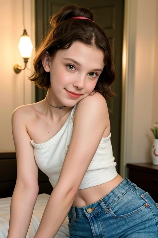 mbb, Millie Bobby Brown , teenage girl, RAW photo, close, (yo skinny girl ), high school girl , (( Body )), li dimples on the cheeks , happy smiling, beautiful smile , masterpiece , rostro beautiful, blush, graphic eyeliner , rouge, ( lipstick:0.6), (choker:0.9), Realistic skin texture , (red:0.8), suave, warm lighting , cozy atmosphere, instagram style, , delgado, beautiful, beautiful, pale skin, the girl does a dance pose in her room she looks happy, wearing tight jeans, bare shoulders ,She wears a short green shirt , s, slim, Slender girl, adolescente slim, three-quarter plane , high heels , Maximum detail, Body pequeño, teenage girl de s, high school girl , HD, 4k, top quality, Maximum detail,