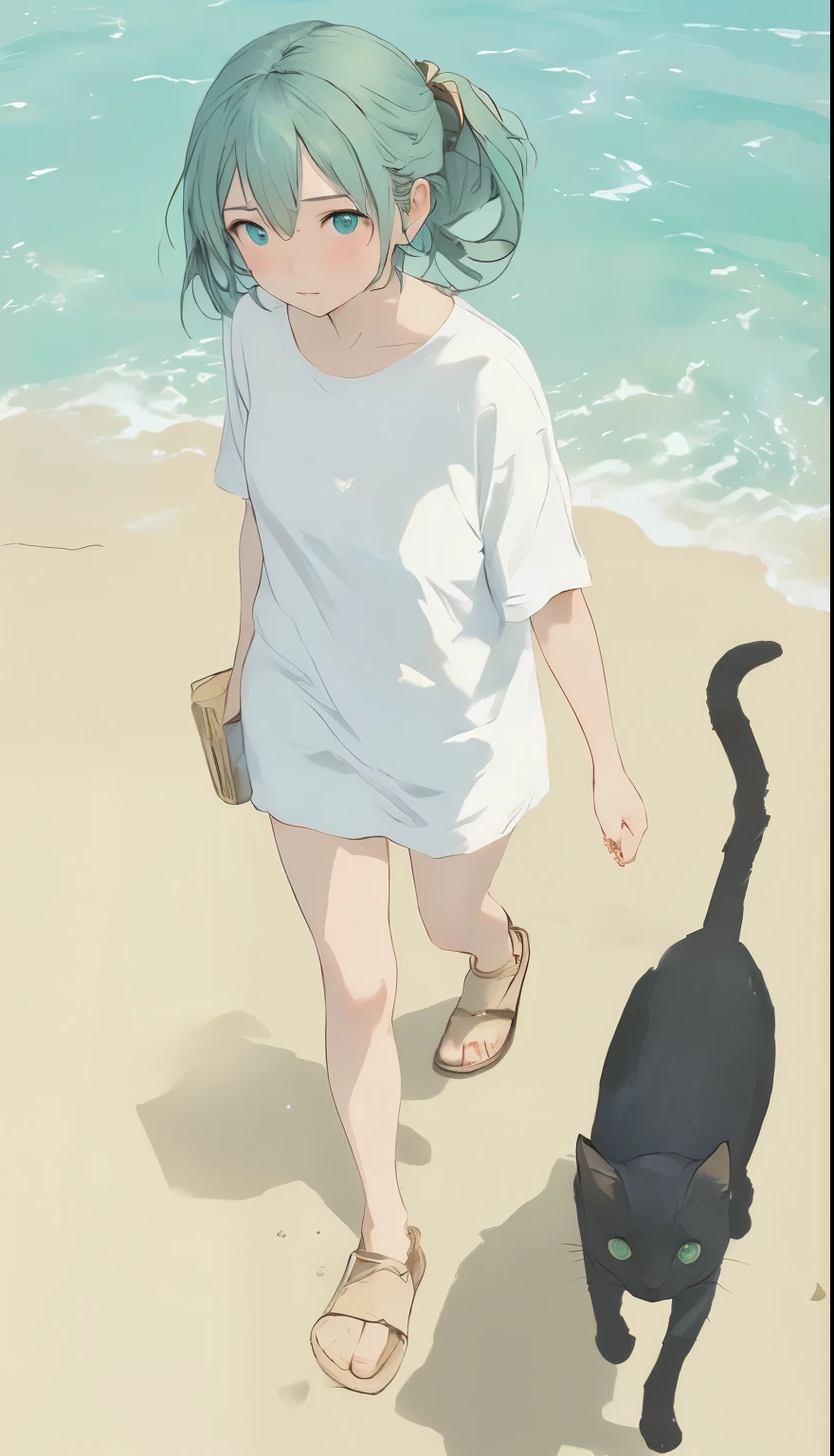  girl eating breakfast 、Toast and fried egg、 tea hair、 ponytail、whiteＴ shirt、white食卓テーブル、 one black cat sitting on the table 、 well-behaved black cat 、A black cat looking at a girl