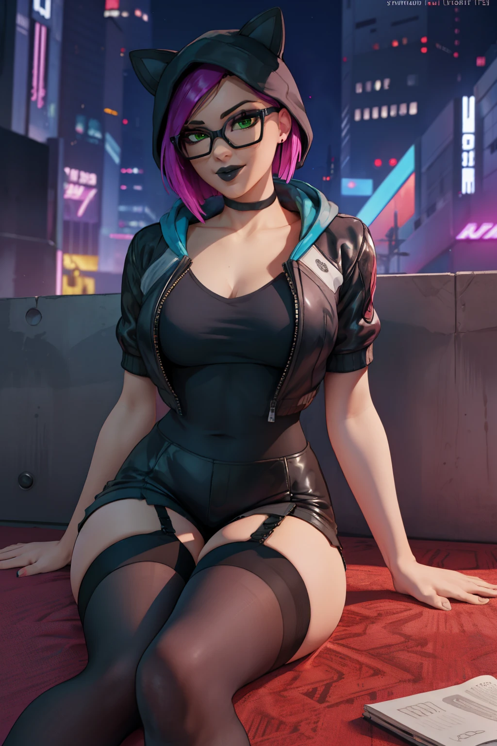 (masterpiece), (best quality), (solo), looking the viewer, cyberpunk, high detailed,extremely detailed,shorts with black stockings,pink bikini, leggings latex fine eyes, smile,dynamic pose, short pink hair,cap,fingerless glove,glasses.