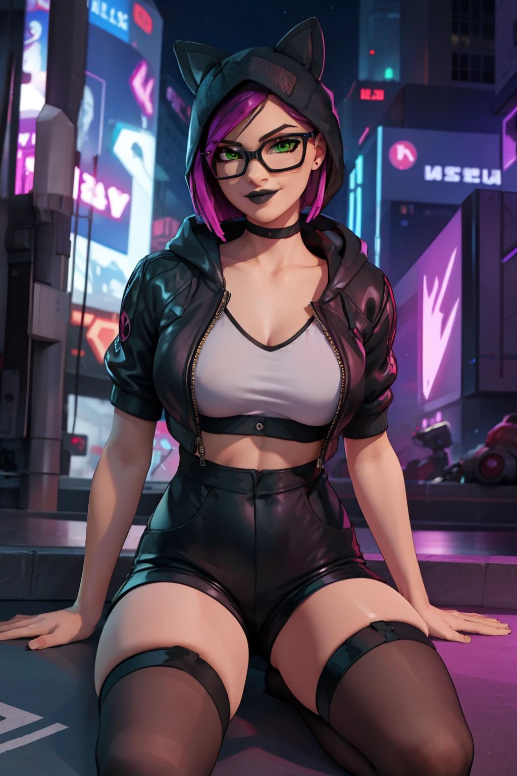 Traje de lino Cyberpunk, gorra, shorts negro con leggins Azul Marino, chaqueta Negra,Extremadamente detallado, rostro detallado, gafas ,hermoso rostro, ojos finos, mirando al espectador, pose femenino, Noche